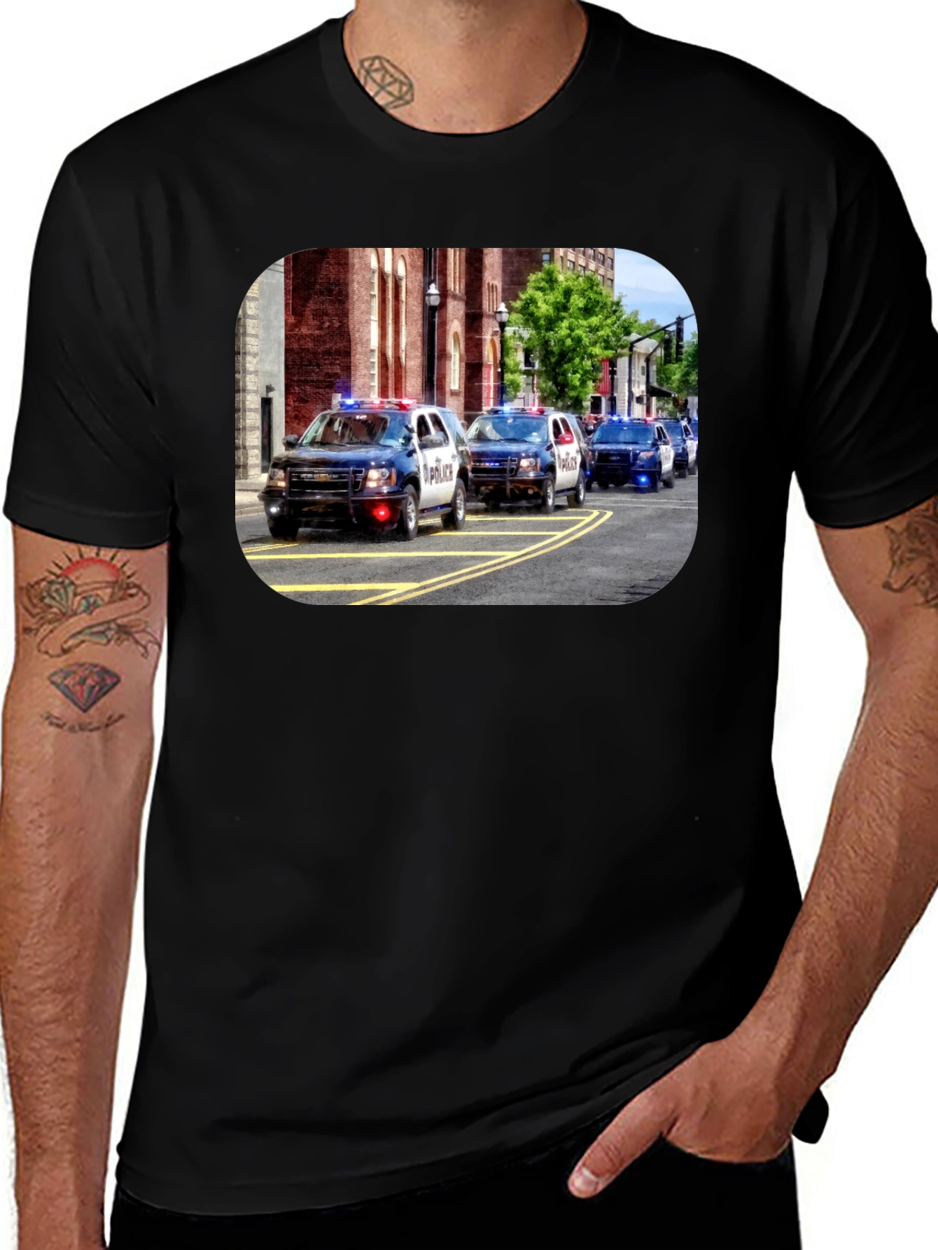 Variant 14 of Police Car Parade Graphic Black T-Shirt