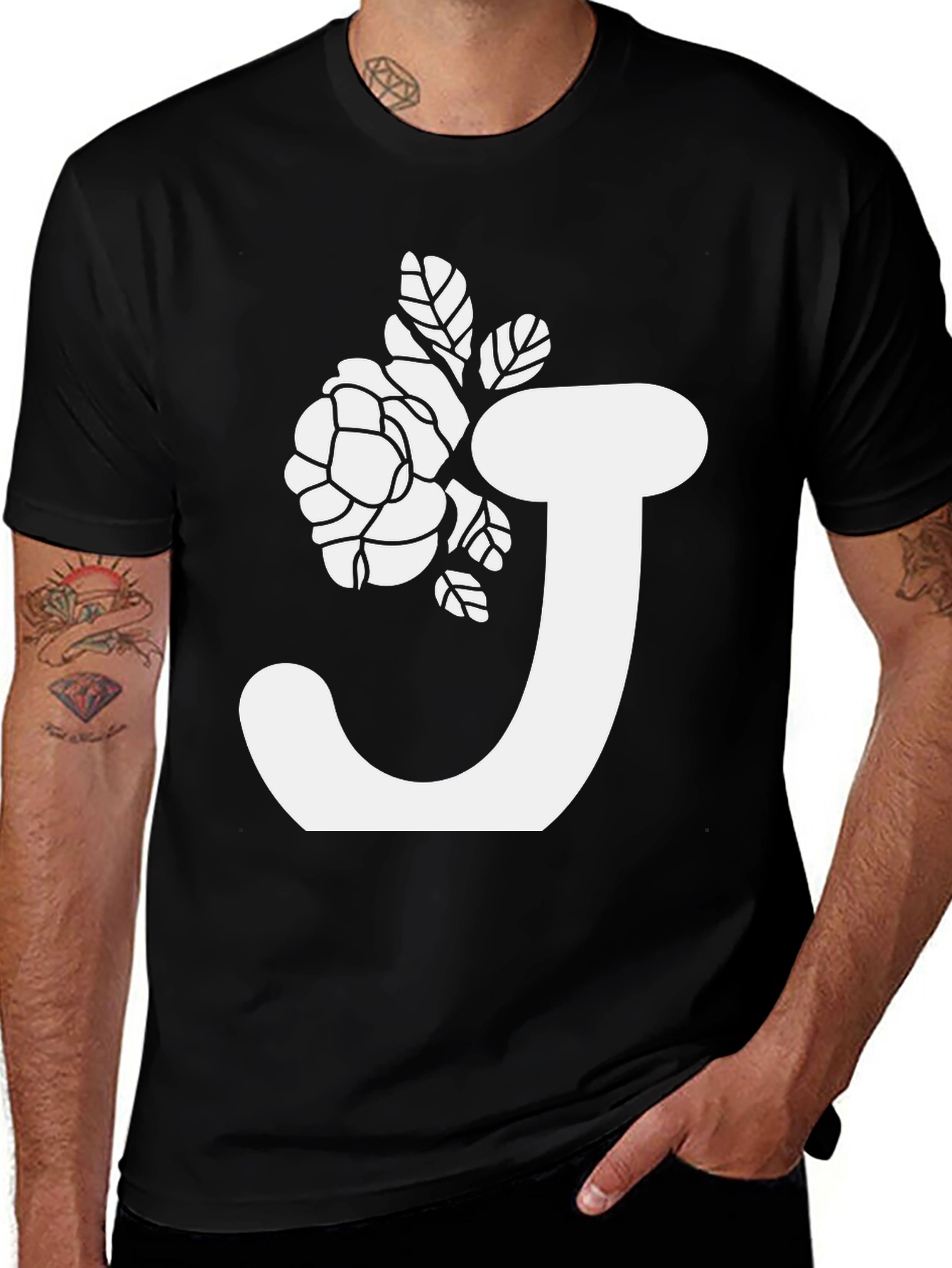 Variant 28 of Floral Initial J Black T-Shirt