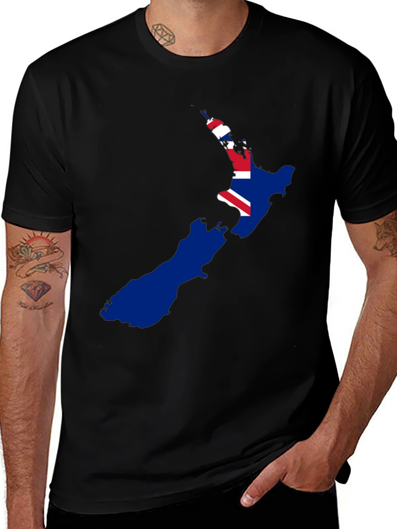 Variant 21 of New Zealand Flag Map Graphic Tee - Black Cotton T-Shirt