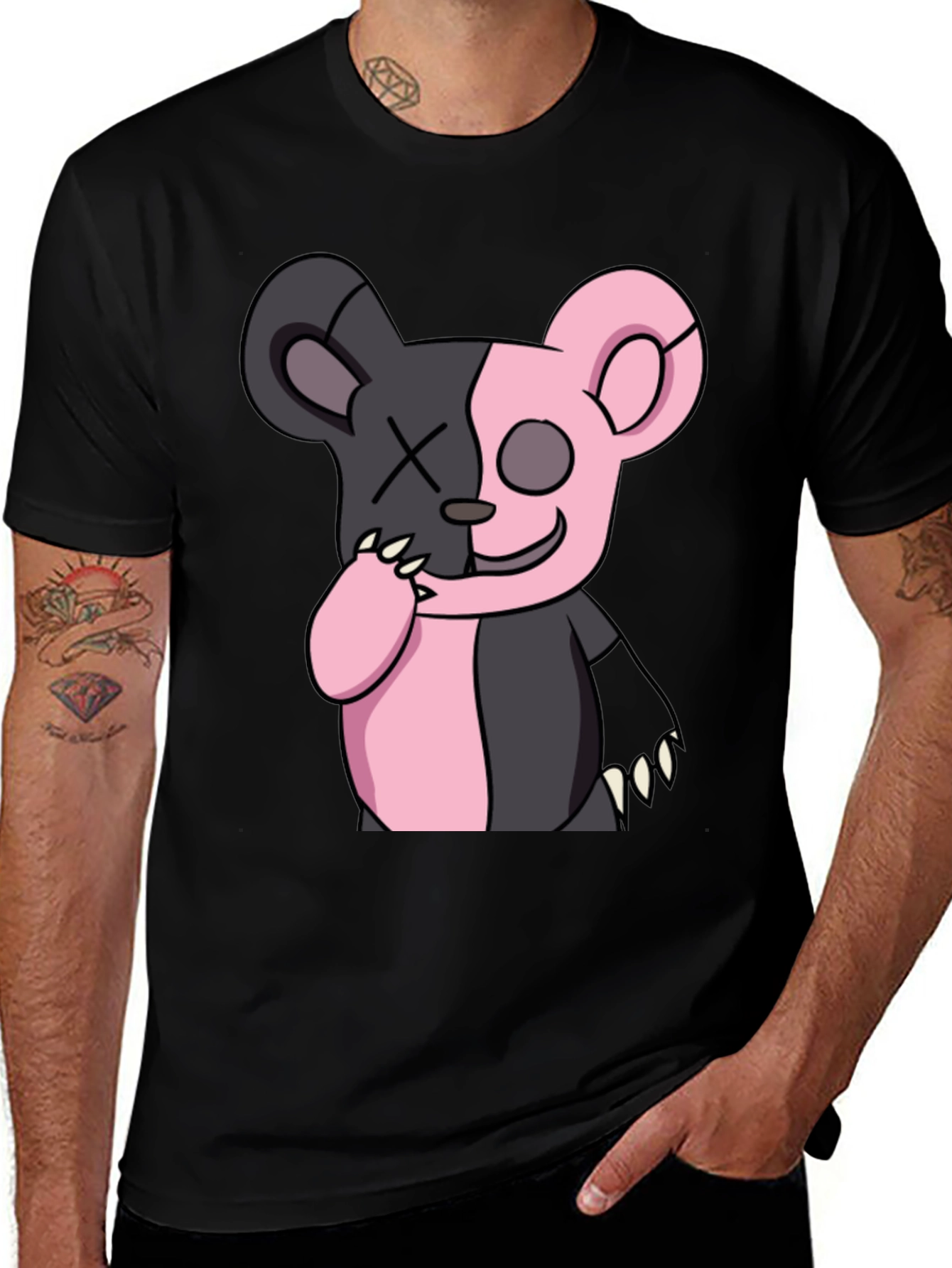 Two-Faced Cartoon Bear Graphic Black T-Shirt