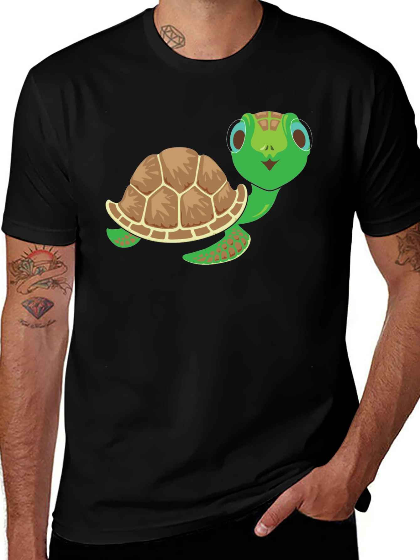 Variant 8 of Cute Turtle Graphic Tee - Black Cotton T-Shirt