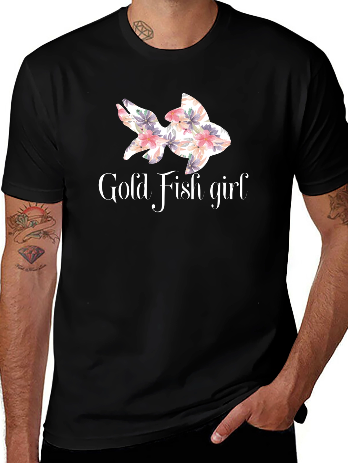 Floral Gold Fish Girl Black T-Shirt