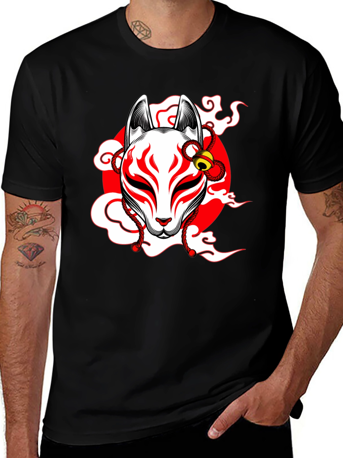 Black T-Shirt with Kitsune Mask Graphic