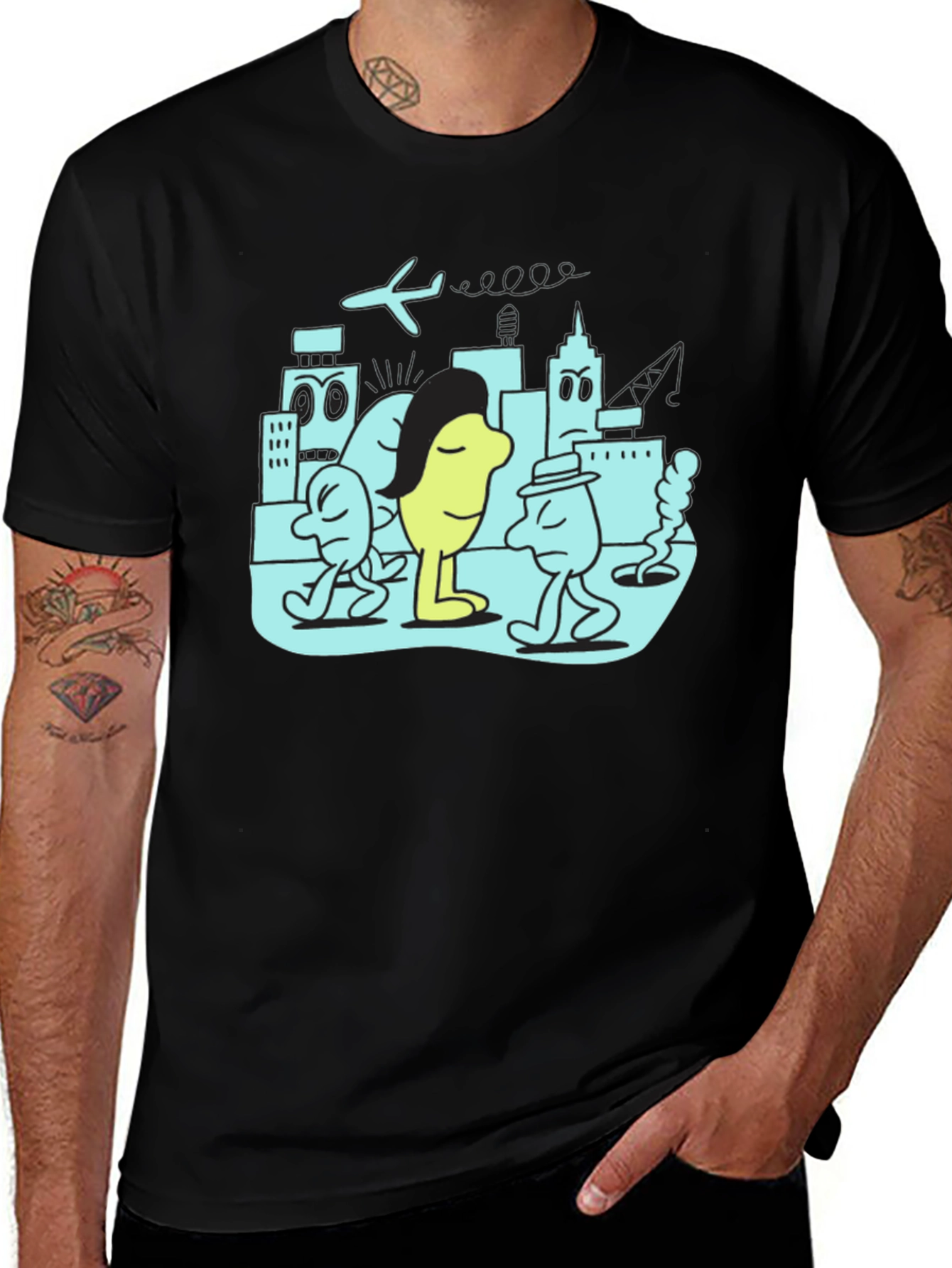 Variant 22 of Cartoon Cityscape Graphic Tee - Black