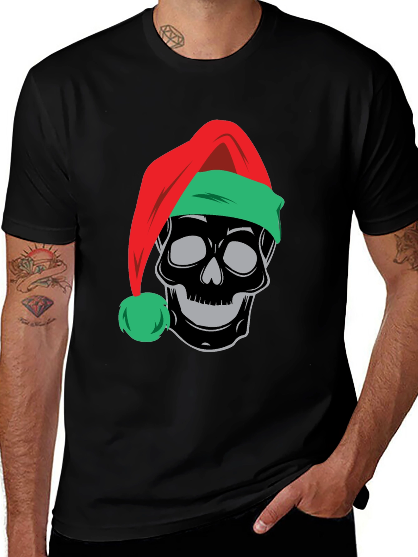 Variant 5 of Skull in Santa Hat Graphic Tee - Holiday Humor