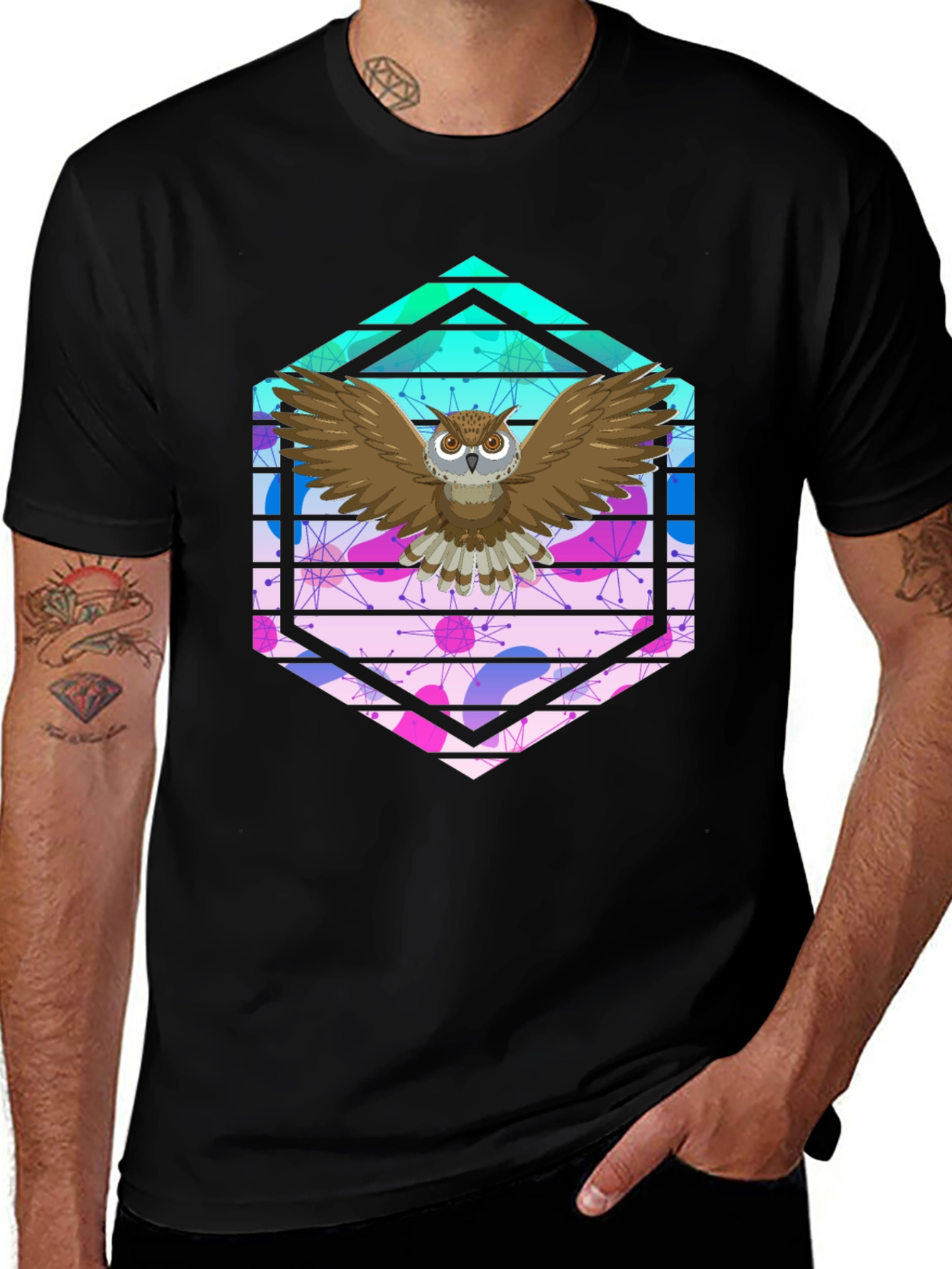 Variant 27 of Geometric Owl Graphic Tee - Men's Black T-Shirt