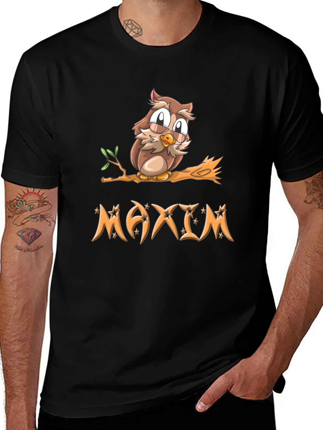 Owl on Branch 'Maxim' Personalized Black T-Shirt
