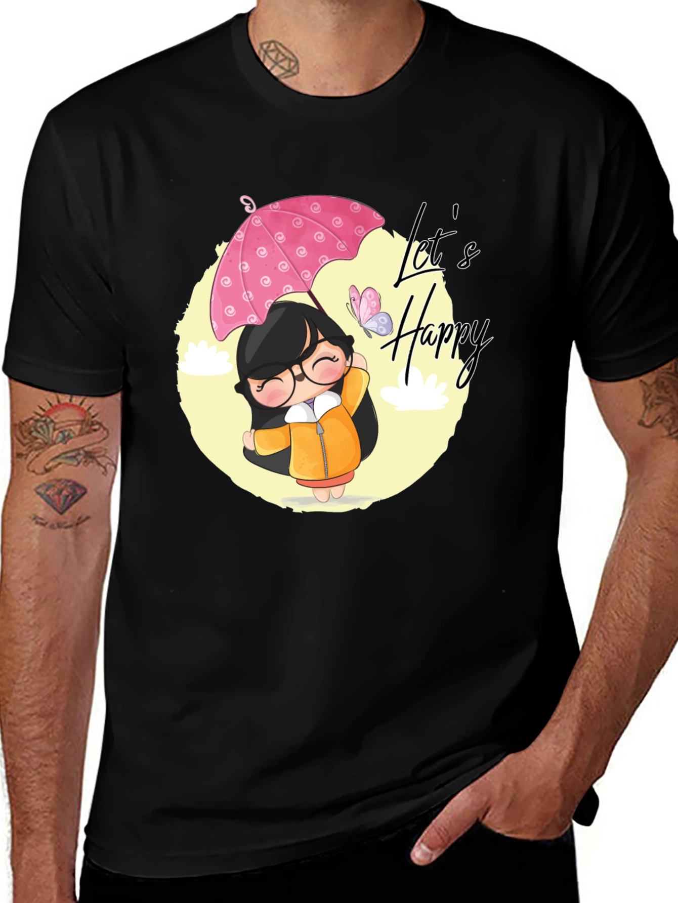 Variant 24 of Cartoon Girl "Let's Happy" Graphic Black T-Shirt
