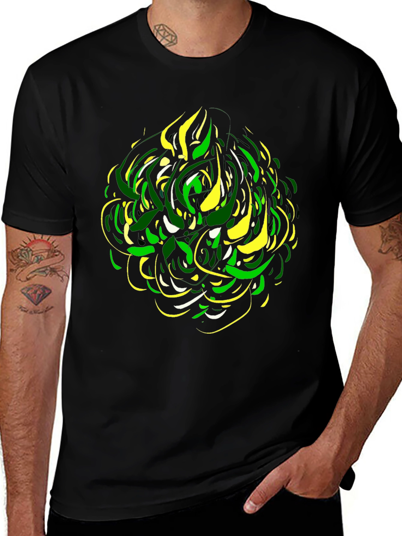 Variant 12 of Abstract Green & Yellow Graphic Print Black Tee