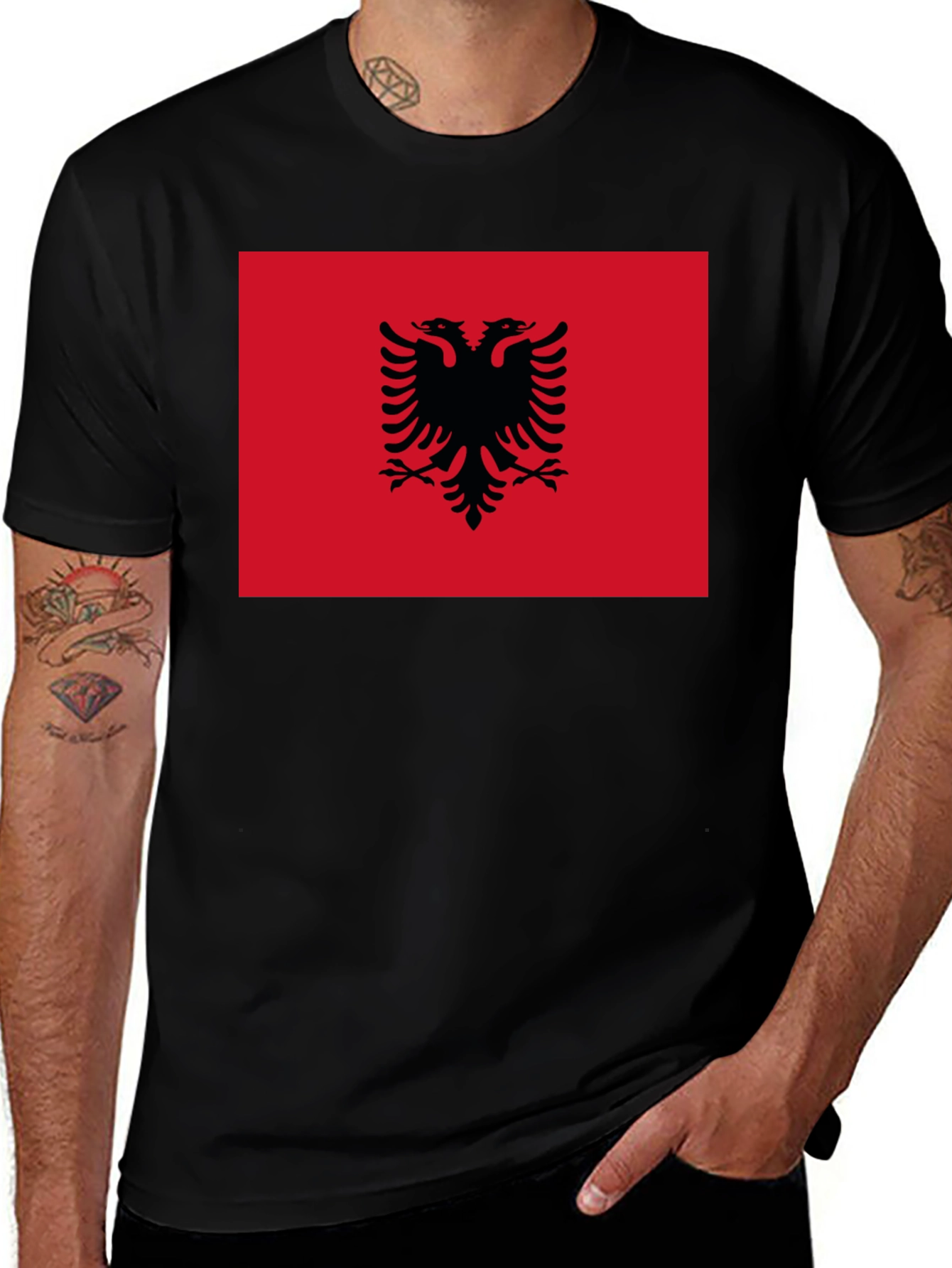 Albania Flag T-Shirt | Black Crew Neck