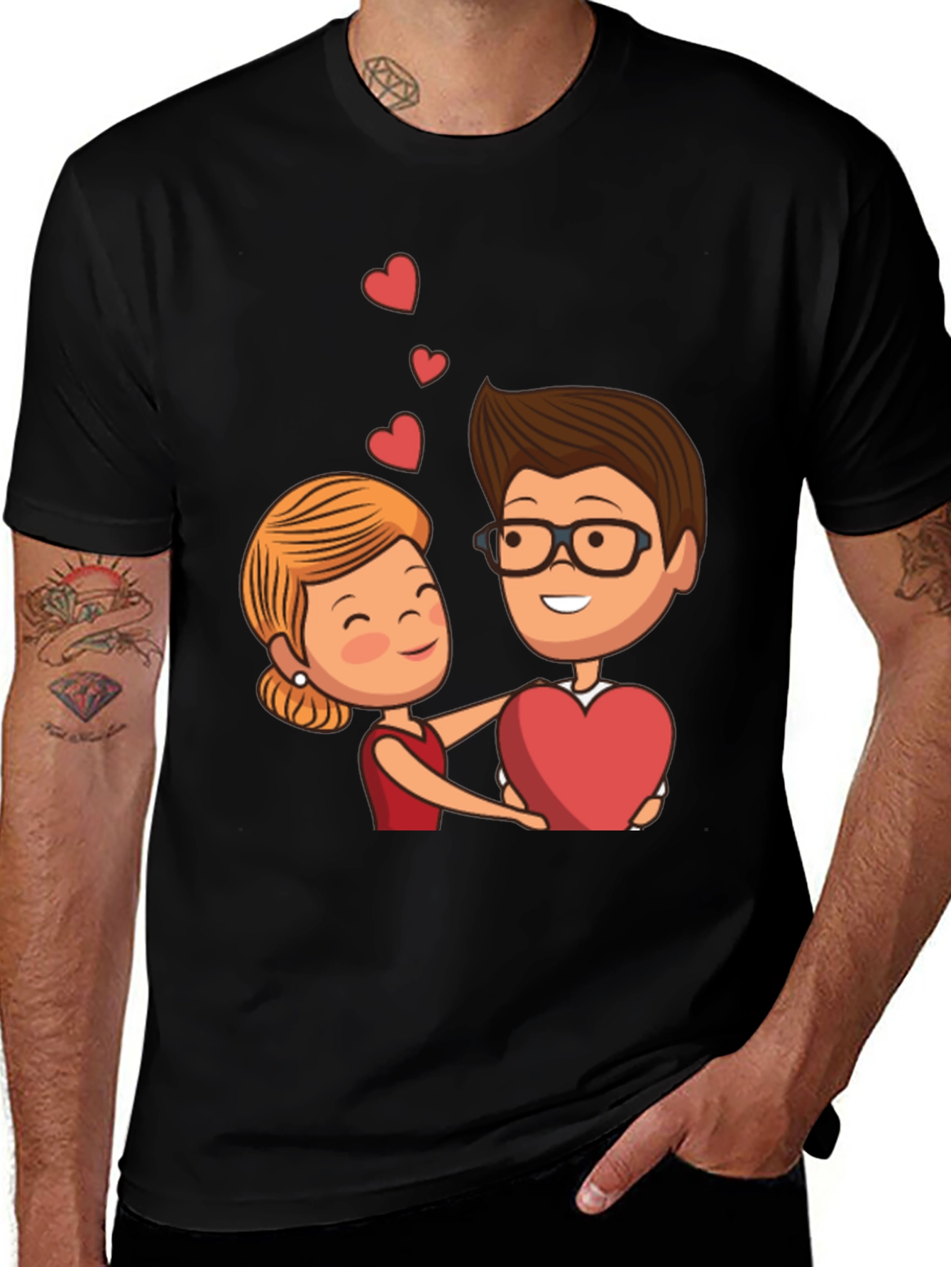 Variant 4 of Cartoon Couple Heart Graphic Black T-Shirt