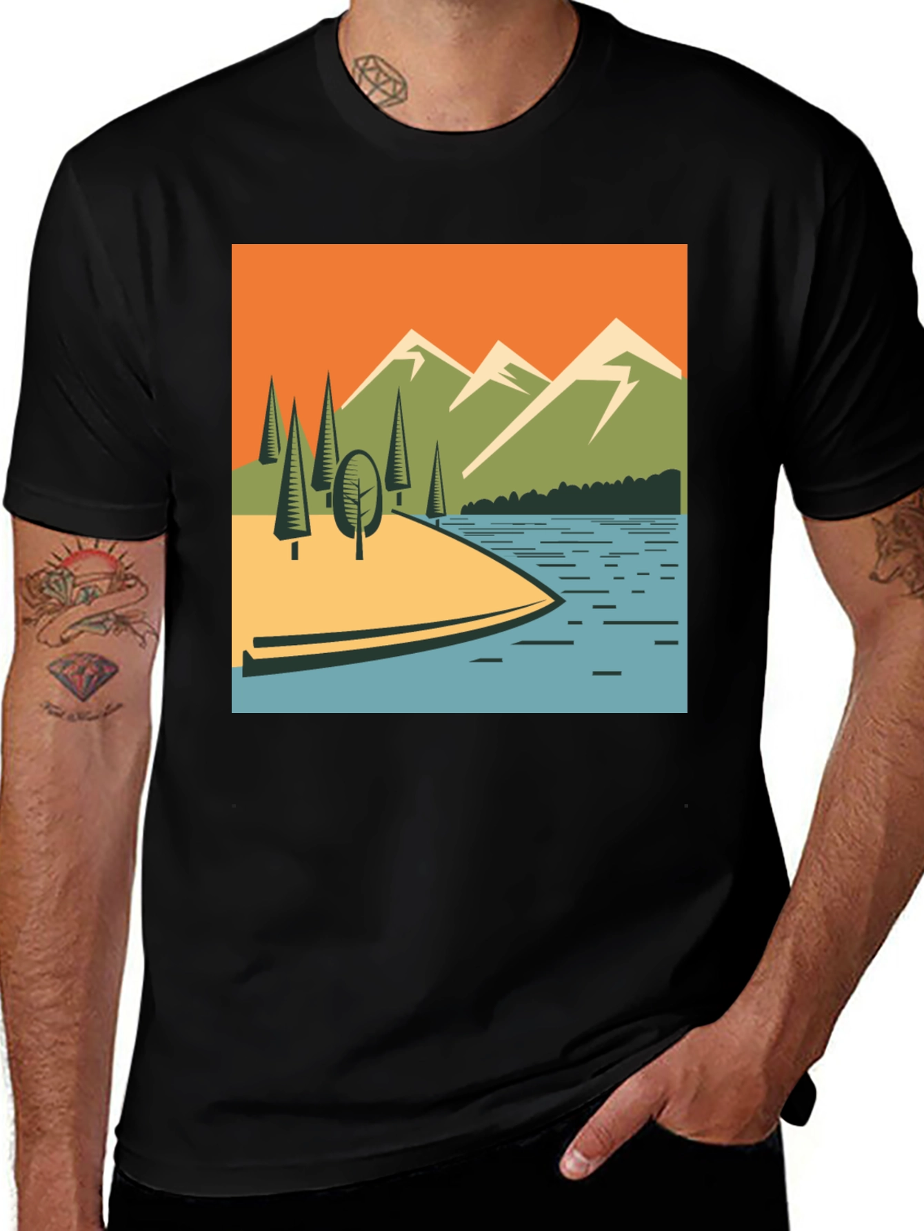 Variant 8 of Retro Mountain Landscape Graphic T-Shirt - Black