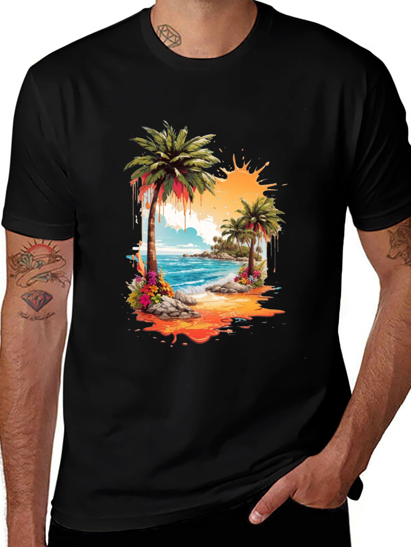 Variant 11 of Tropical Beach Palm Tree Graphic Black T-Shirt