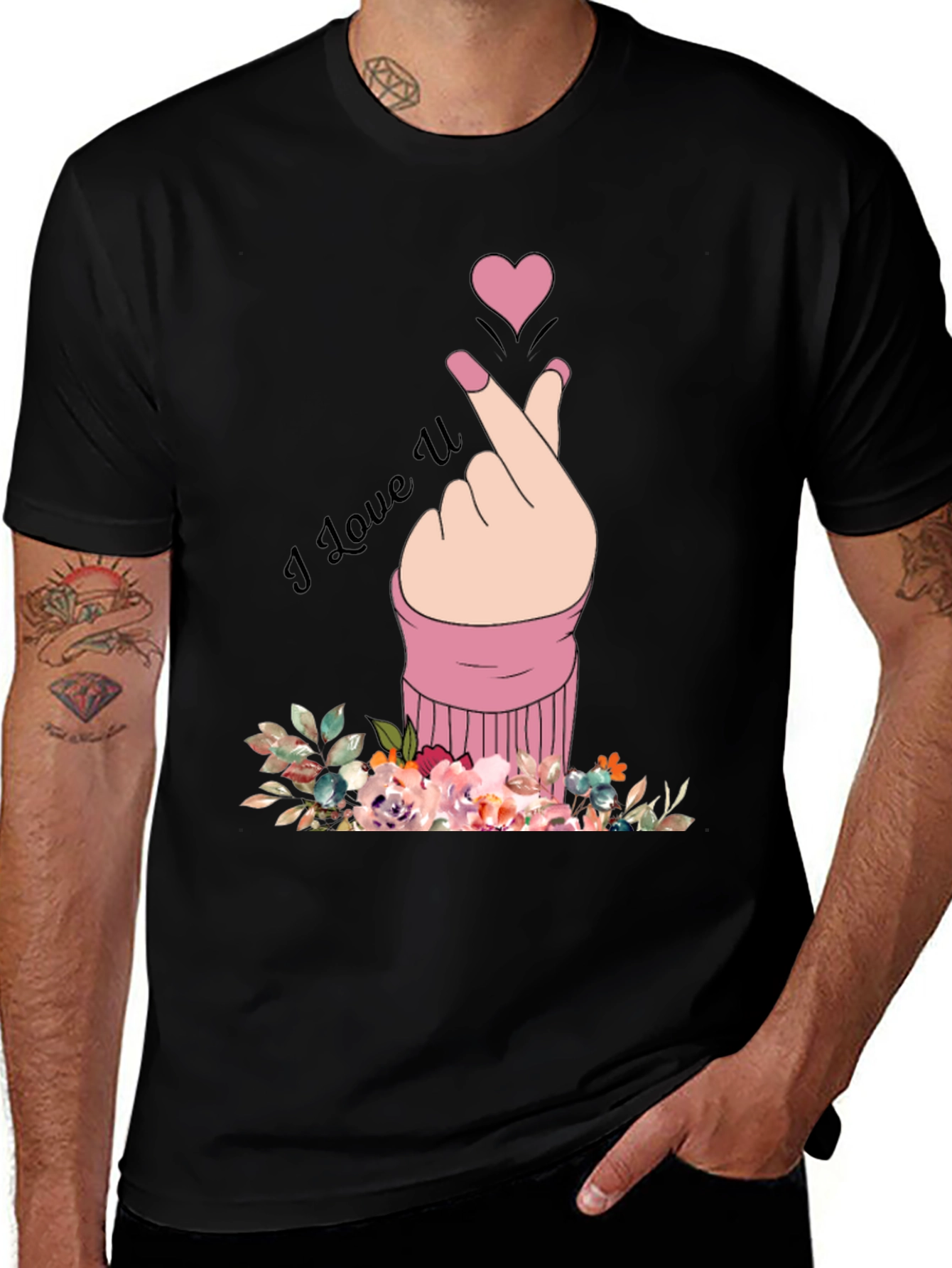 Variant 29 of I Love U Hand Heart Graphic Print Men's Black T-Shirt