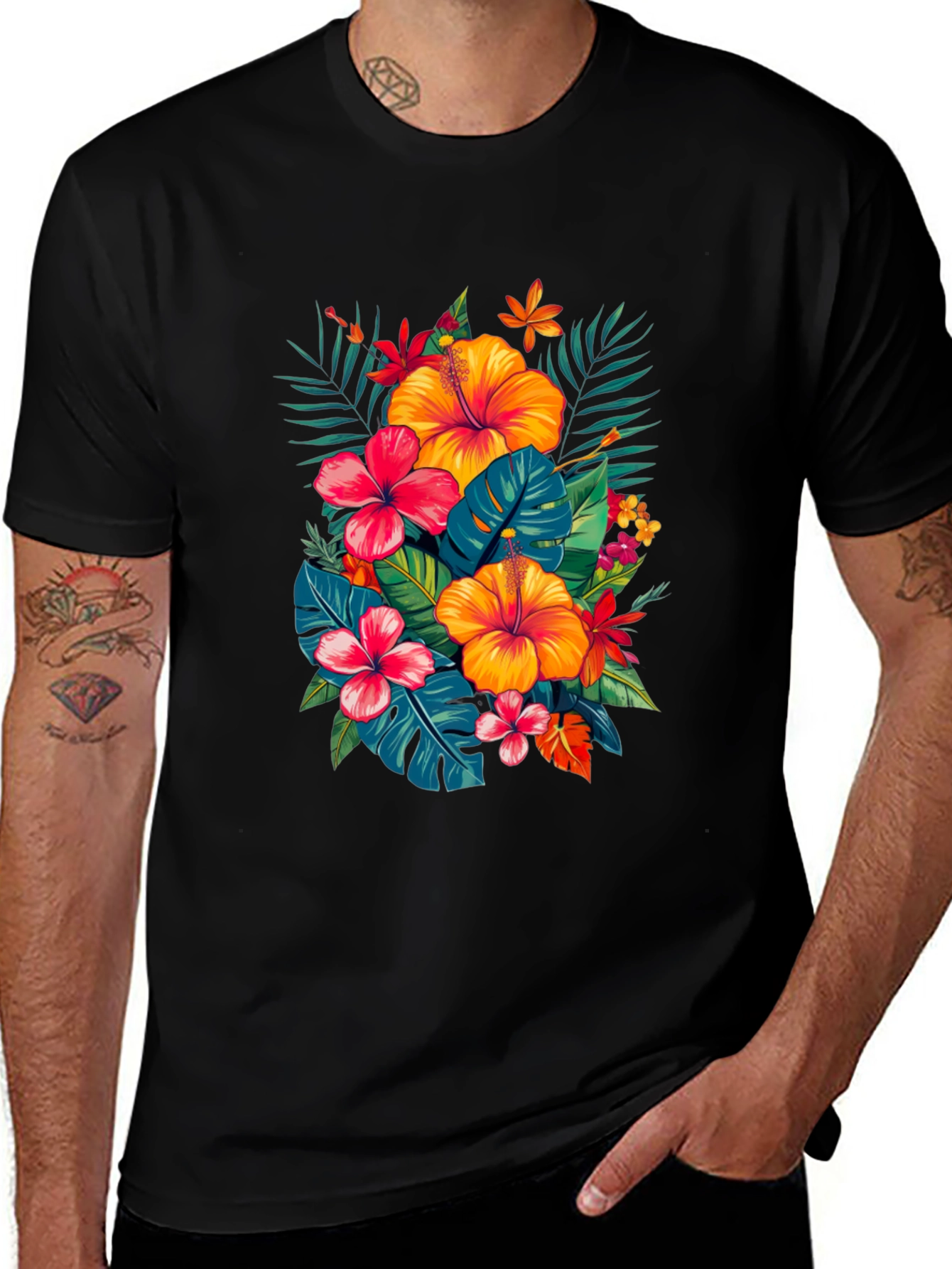 Variant 19 of Tropical Hibiscus Print Black T-Shirt