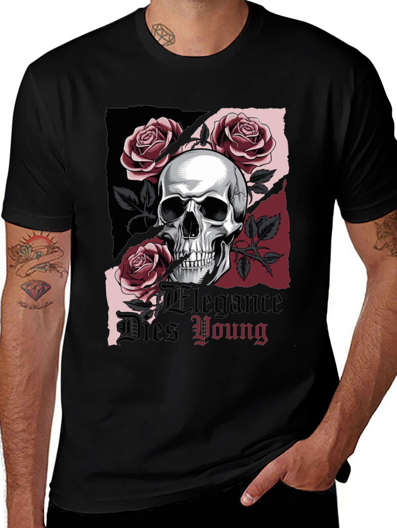 Variant 12 of Skull & Roses Graphic Tee - Elegance Dies Young