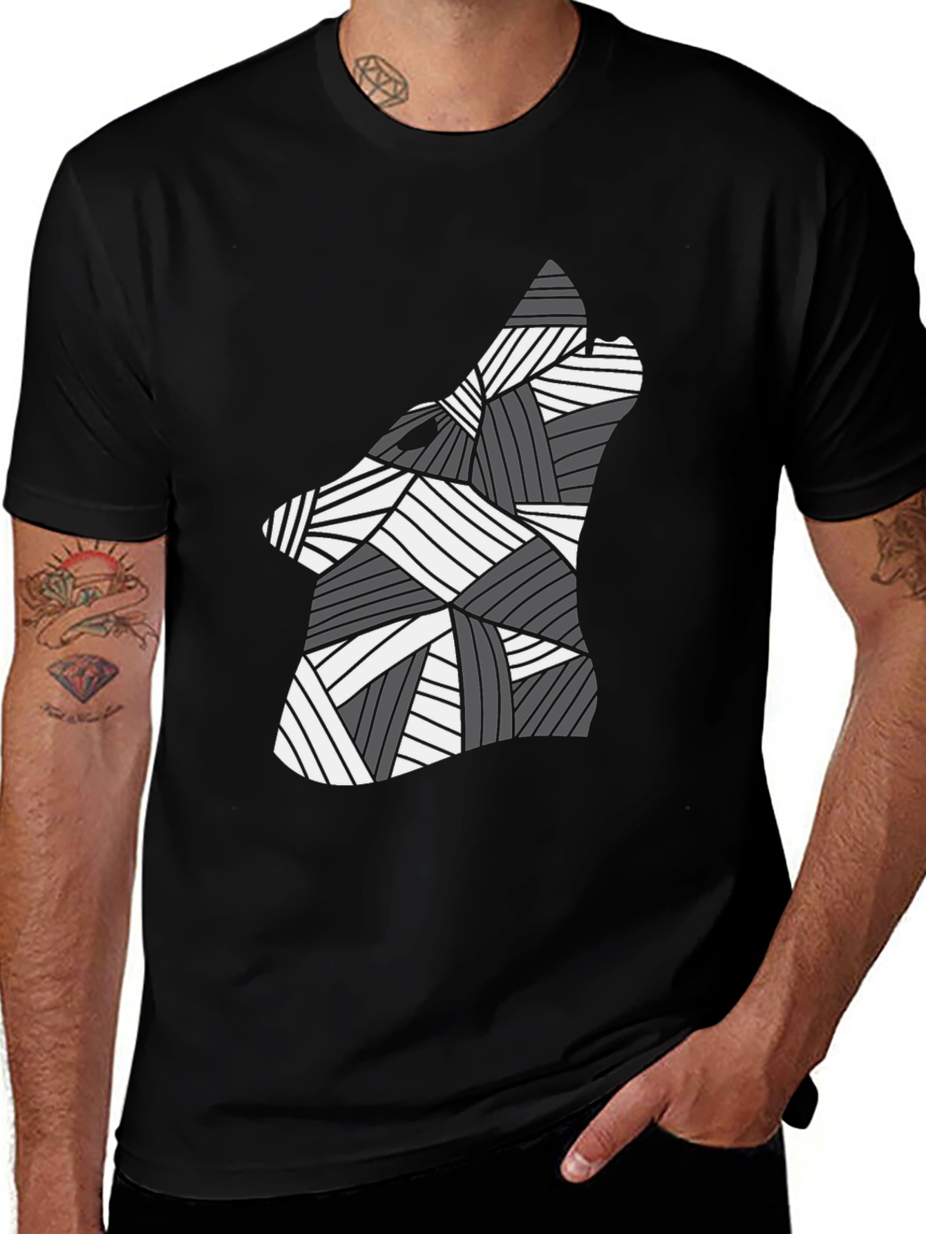 Variant 12 of Abstract Geometric Wolf Graphic Black Tee Shirt
