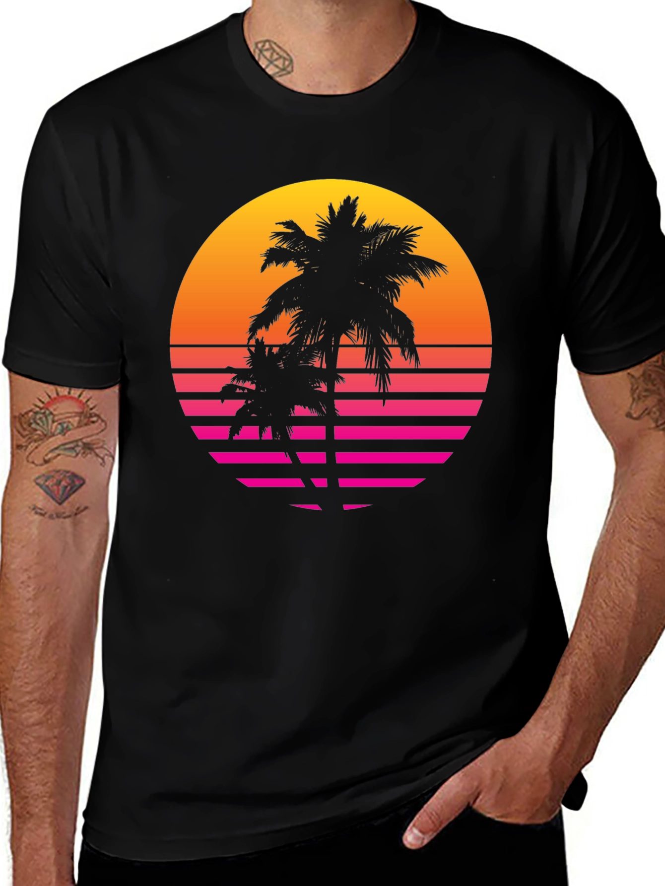 Variant 18 of Retro Sunset Palm Tree Graphic Tee - Black
