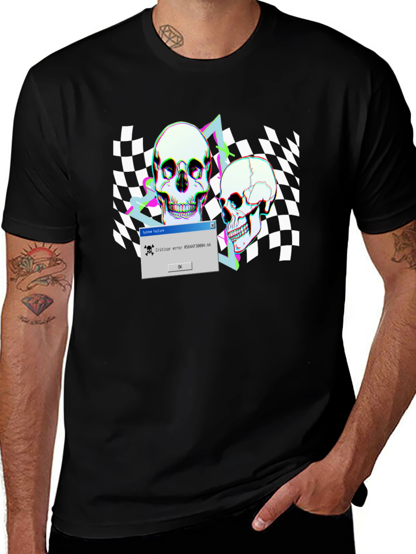 Variant 7 of Skull Graphic Tee - Glitch Checkered Design