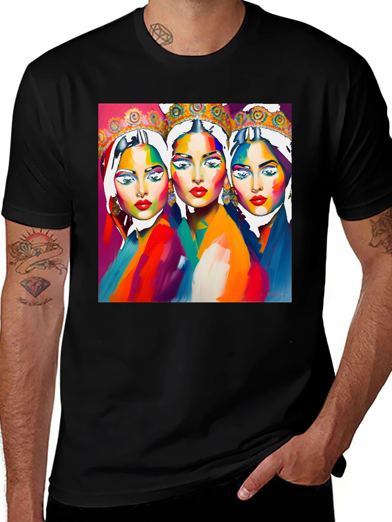 Variant 10 of Vibrant Three Faces Art Graphic Tee - Unique Fashion