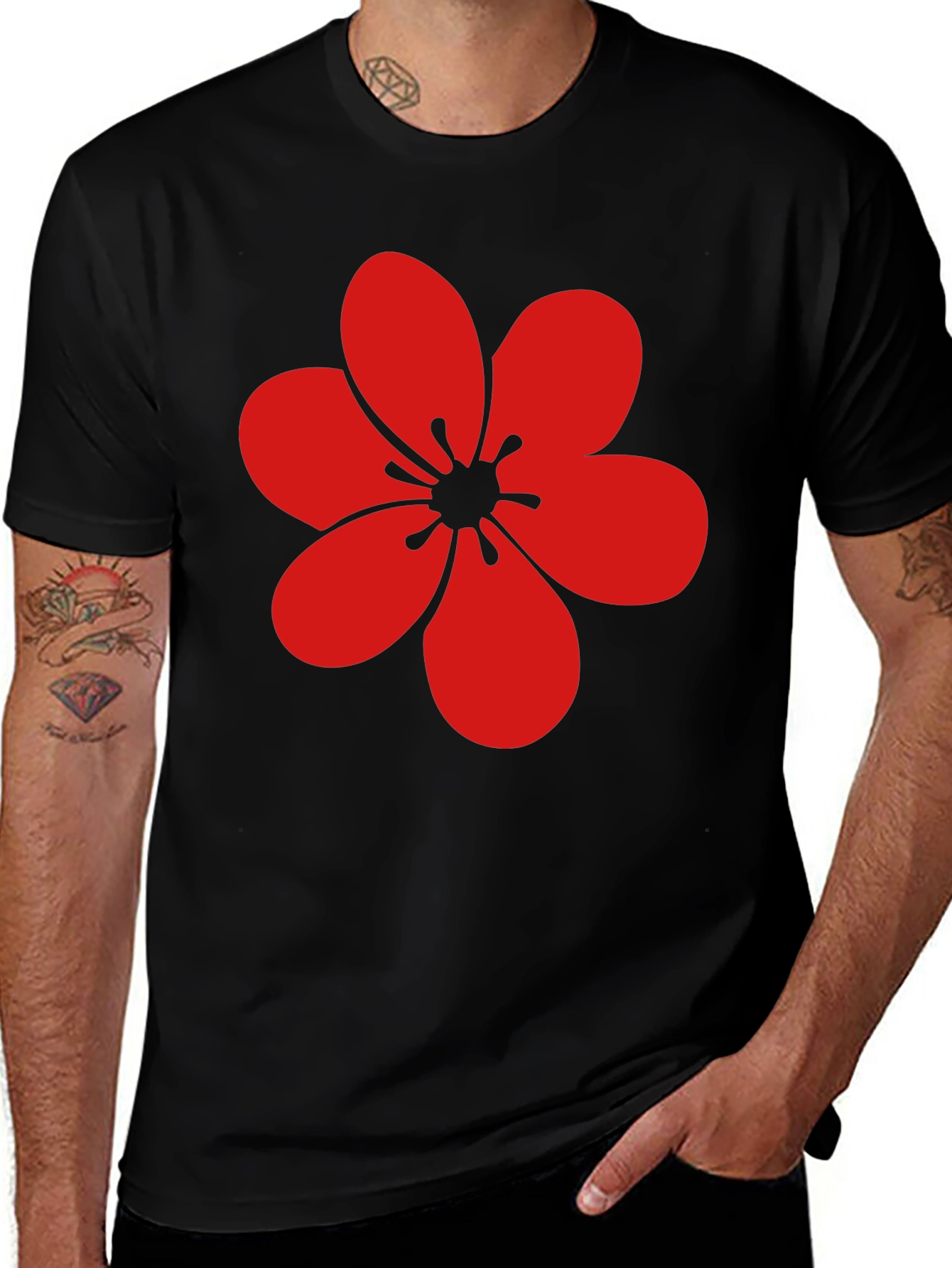 Variant 10 of Men's Black T-Shirt with Red Flower Graphic