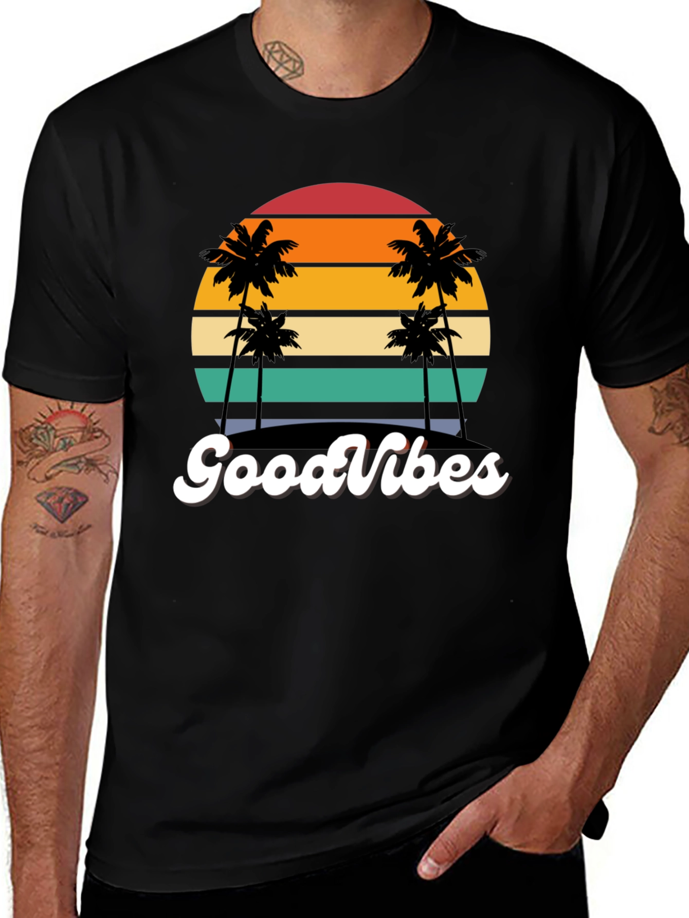 Variant 7 of Retro Sunset Palm Tee - Good Vibes Only!