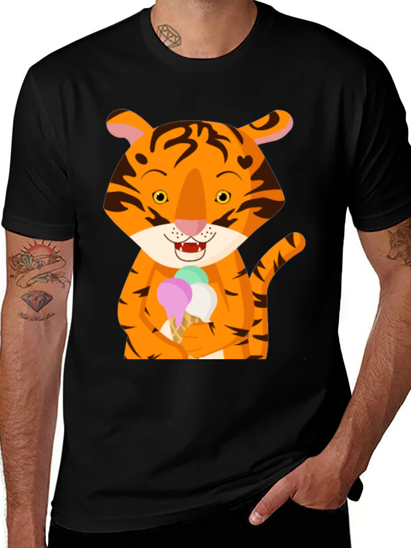 Variant 30 of Tiger Ice Cream Black T-Shirt Cute Animal Design
