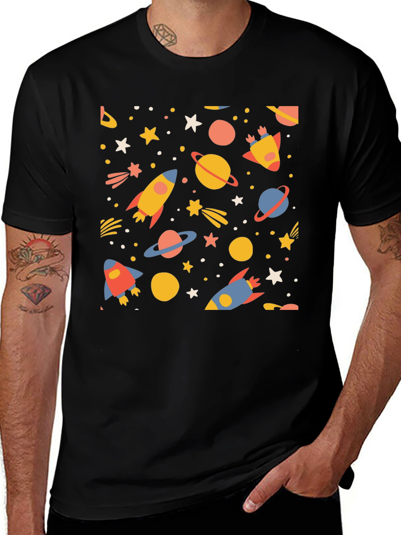Black Cosmic Adventure T-Shirt - Space Rockets & Planets main image