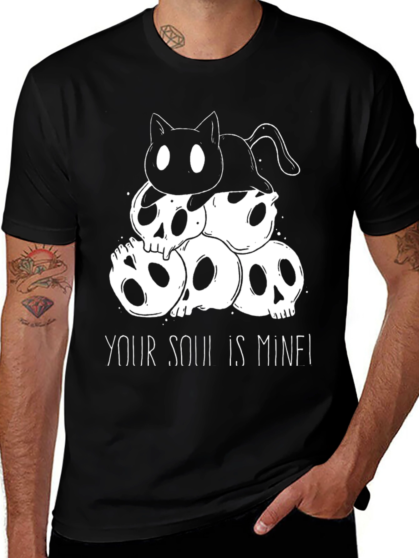 Variant 2 of Gothic Cat & Skulls T-Shirt - "Your Soul is Mine!"
