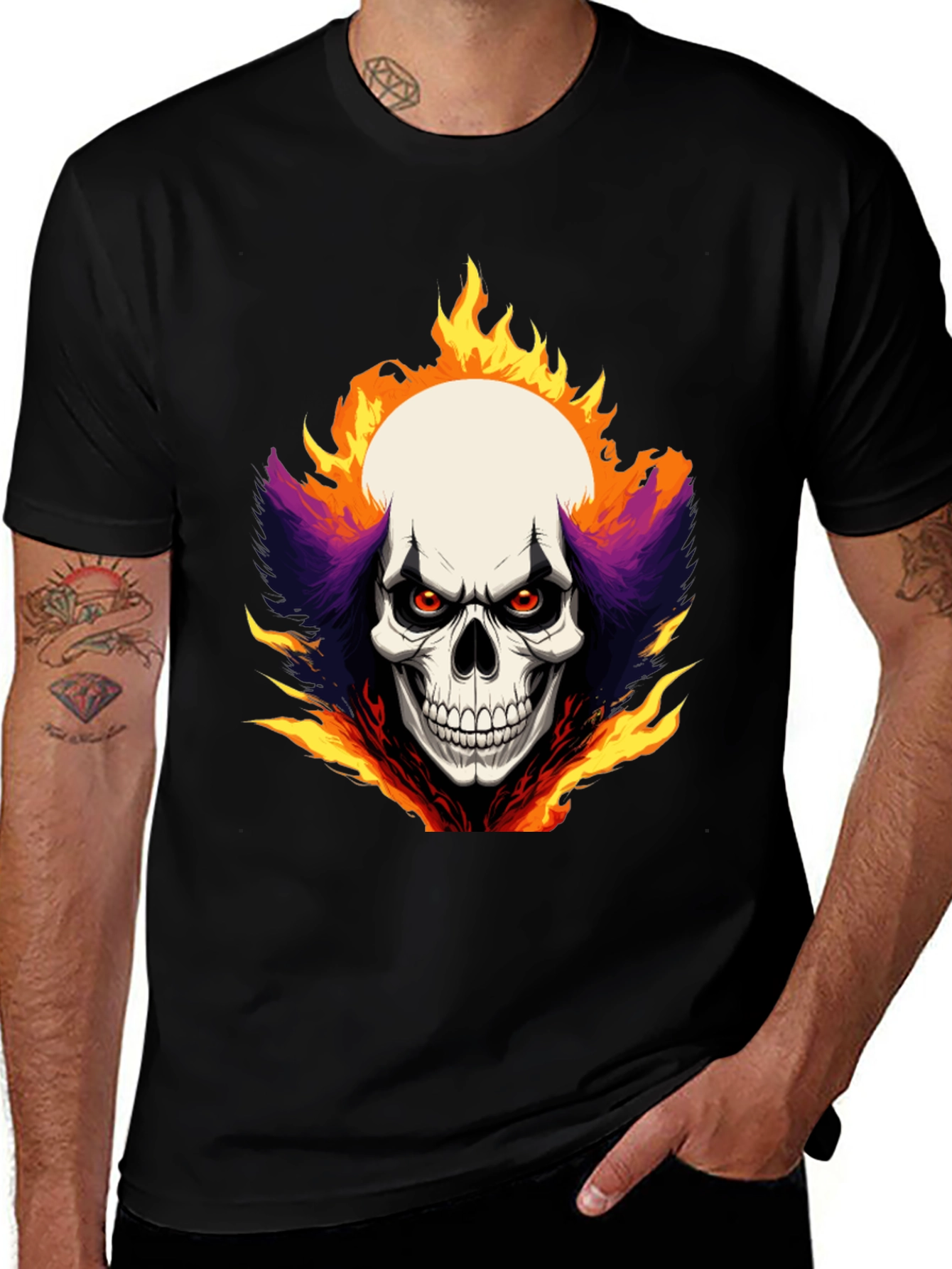 Variant 8 of Fiery Skull Clown Graphic Tee - Black
