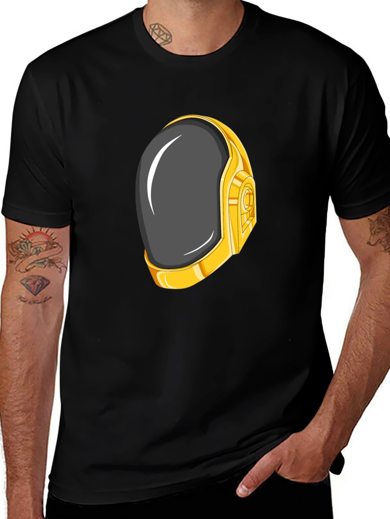 Variant 13 of Black T-Shirt with Futuristic Gold Robot Helmet Design