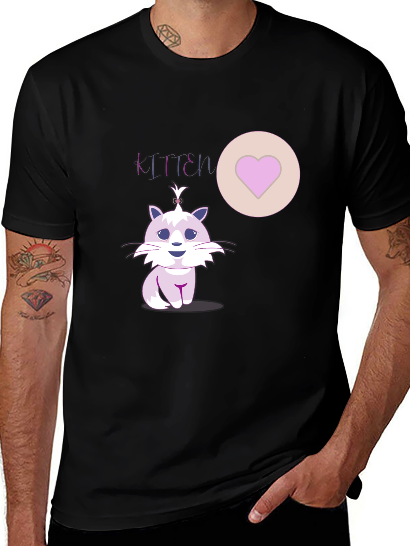 Variant 6 of Cute Kitten Graphic Tee - Heart Detail Black T-Shirt