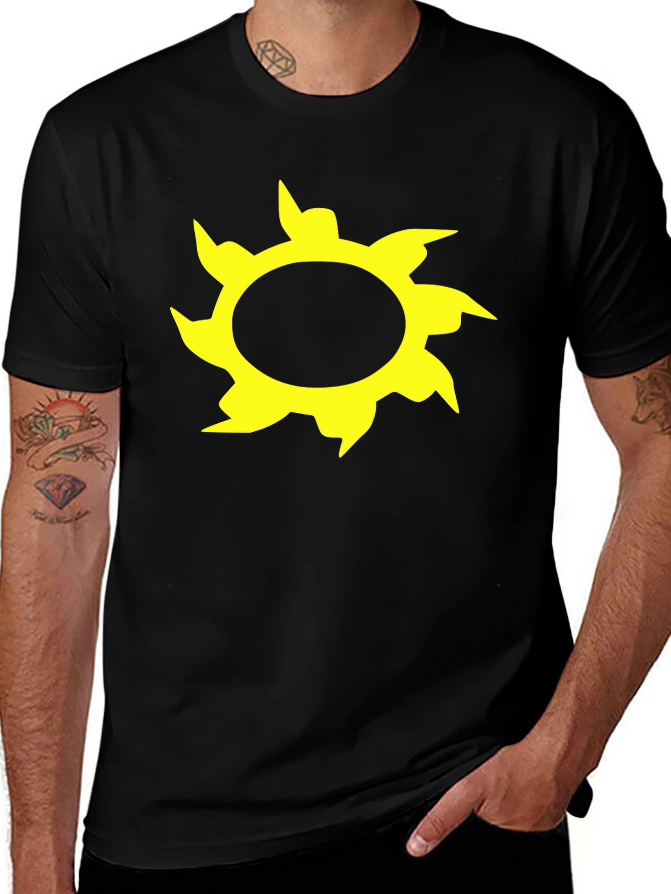 Variant 23 of Black T-Shirt with Yellow Sun Burst Design
