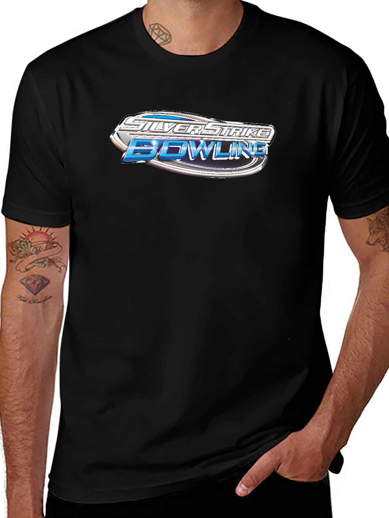 Variant 27 of Silver Strike Bowling Graphic Black T-Shirt