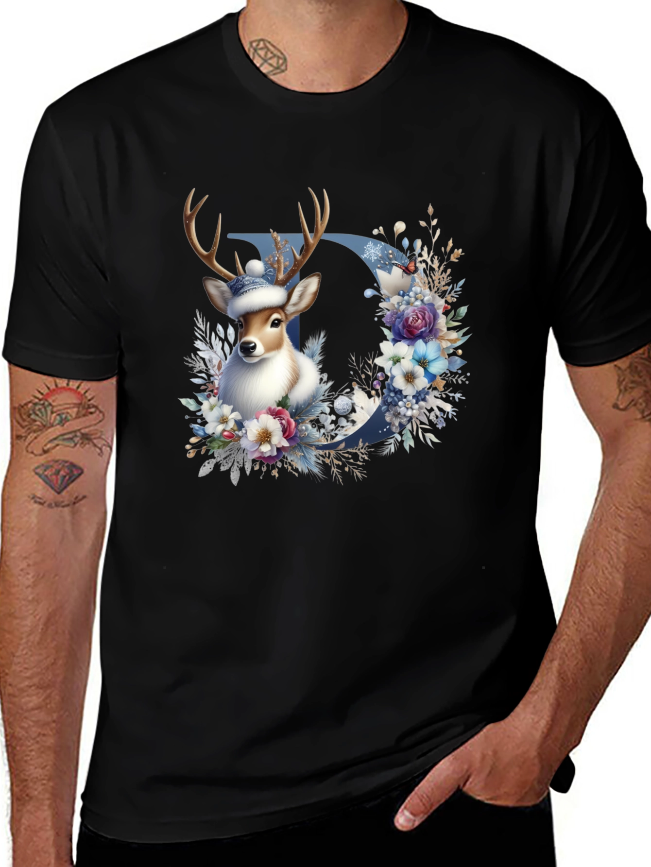 Variant 11 of Floral Deer Black T-Shirt: Holiday Style