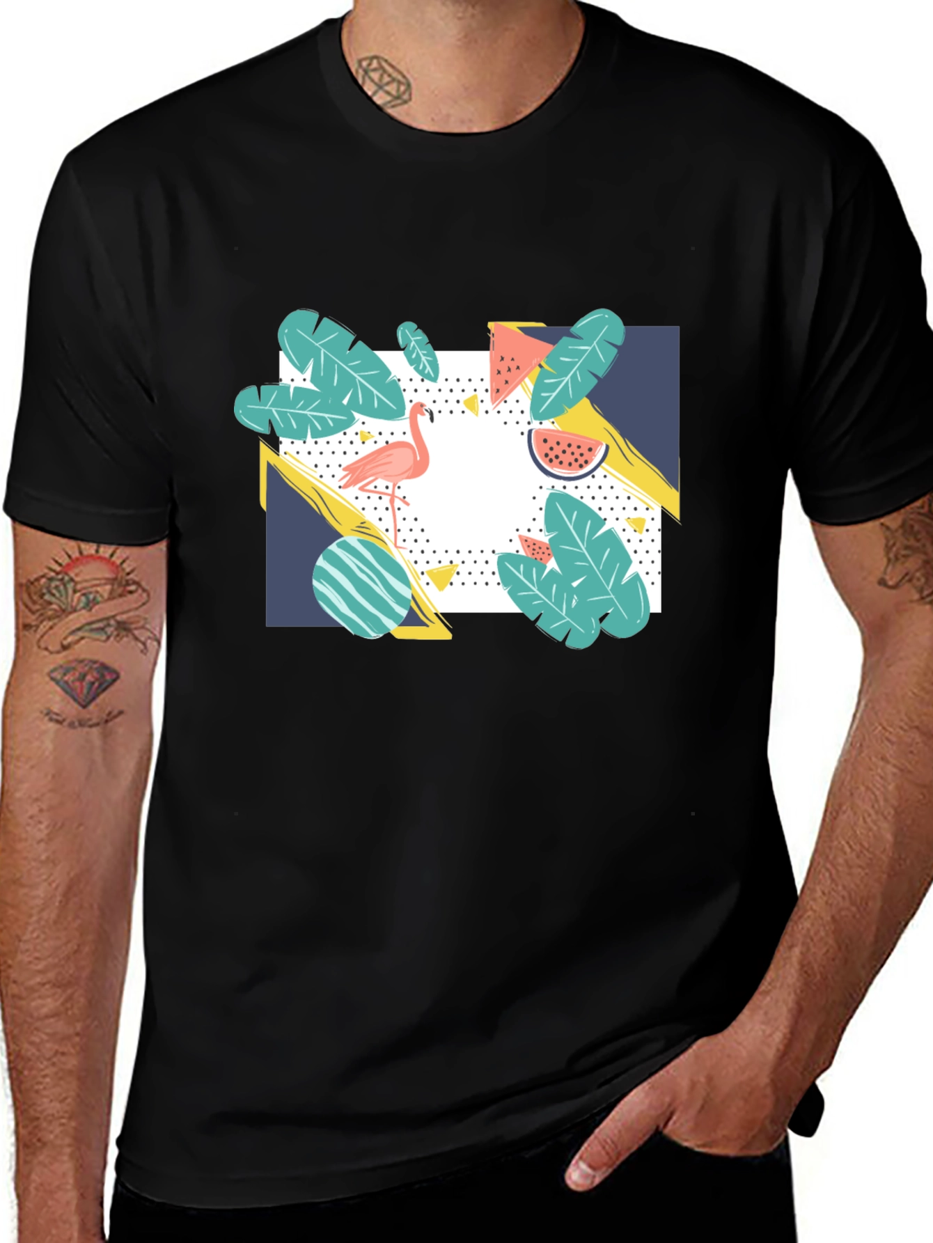 Variant 29 of Tropical Flamingo Graphic Print Black T-Shirt