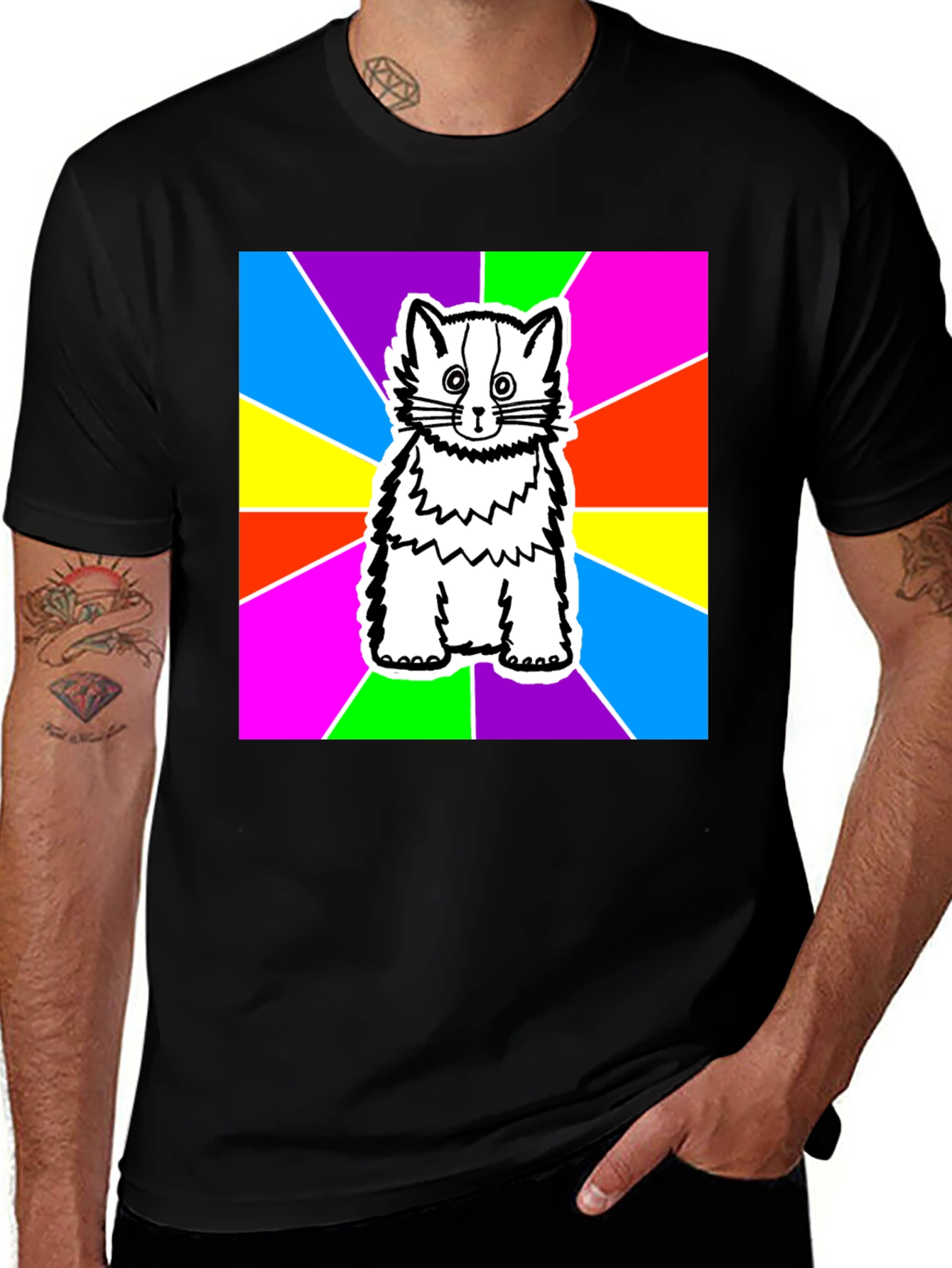 Variant 9 of Cartoon Cat Graphic Tee - Men's Black T-Shirt