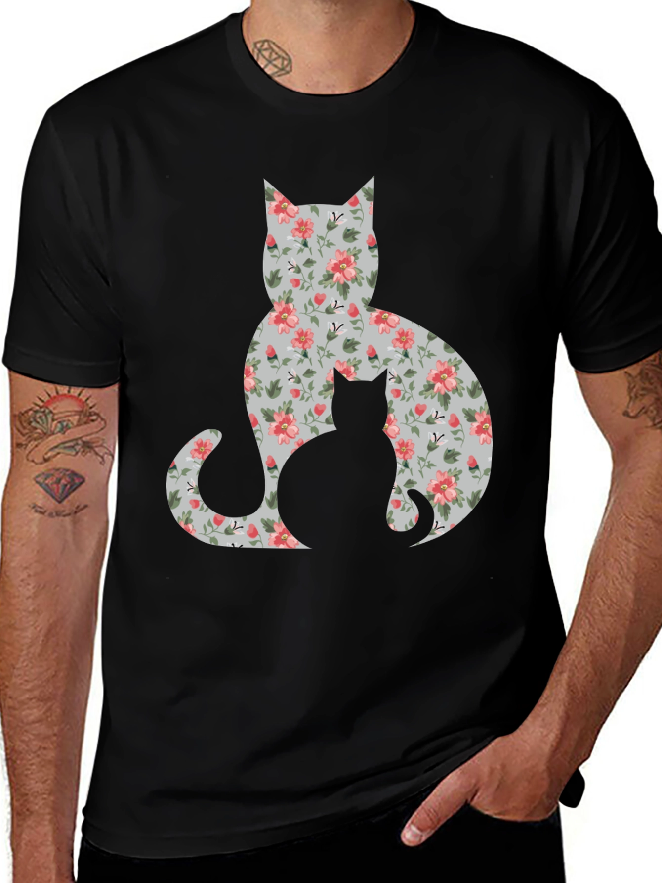 Black Floral Cat Silhouette T-Shirt - Stylish Tee main image