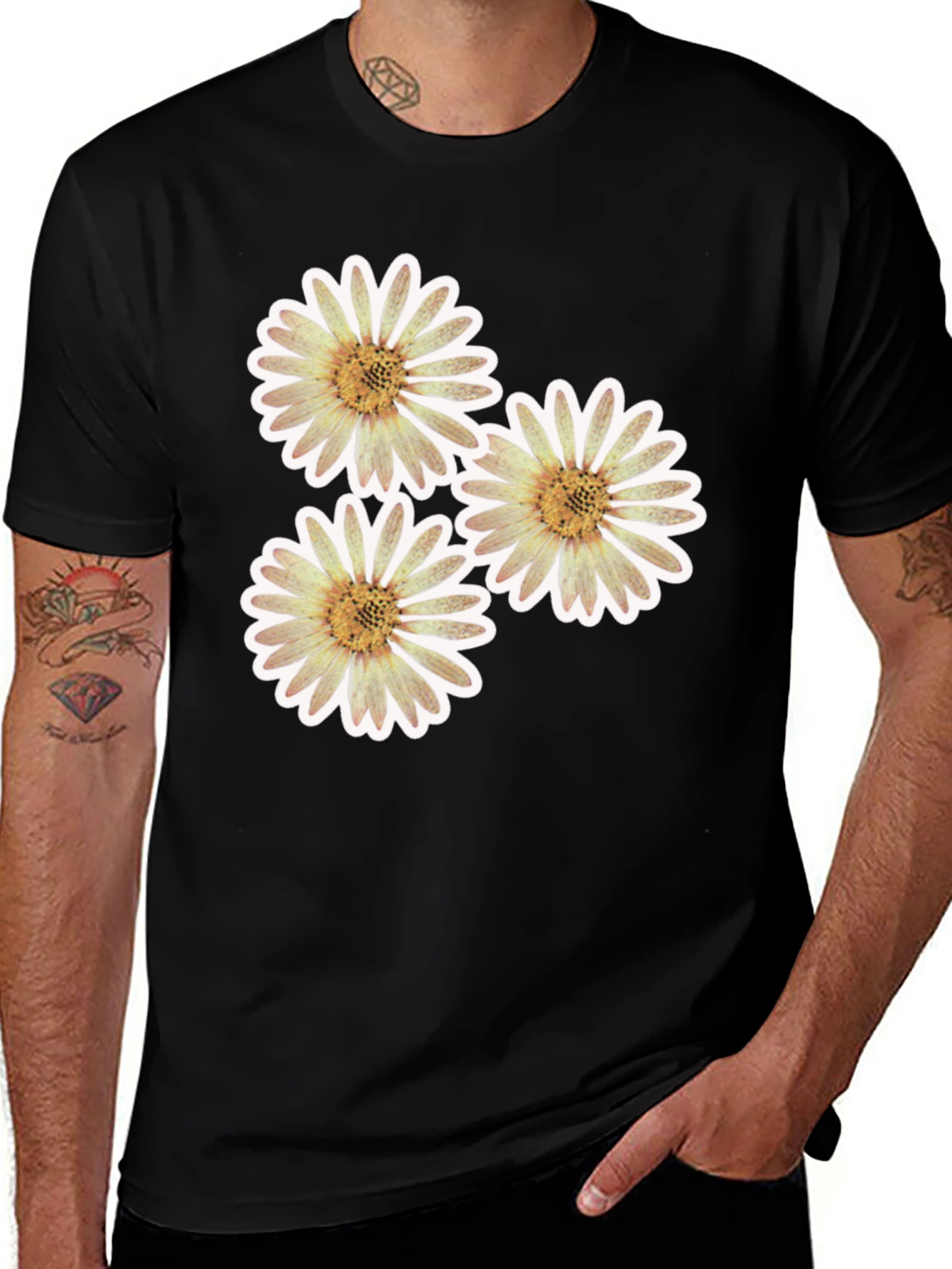 Black T-Shirt with Floral Daisy Design
