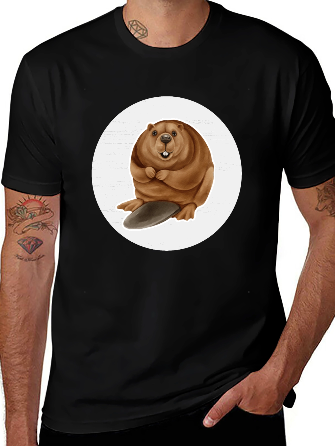Variant 21 of Funny Beaver T-Shirt - Round Design, Black Tee