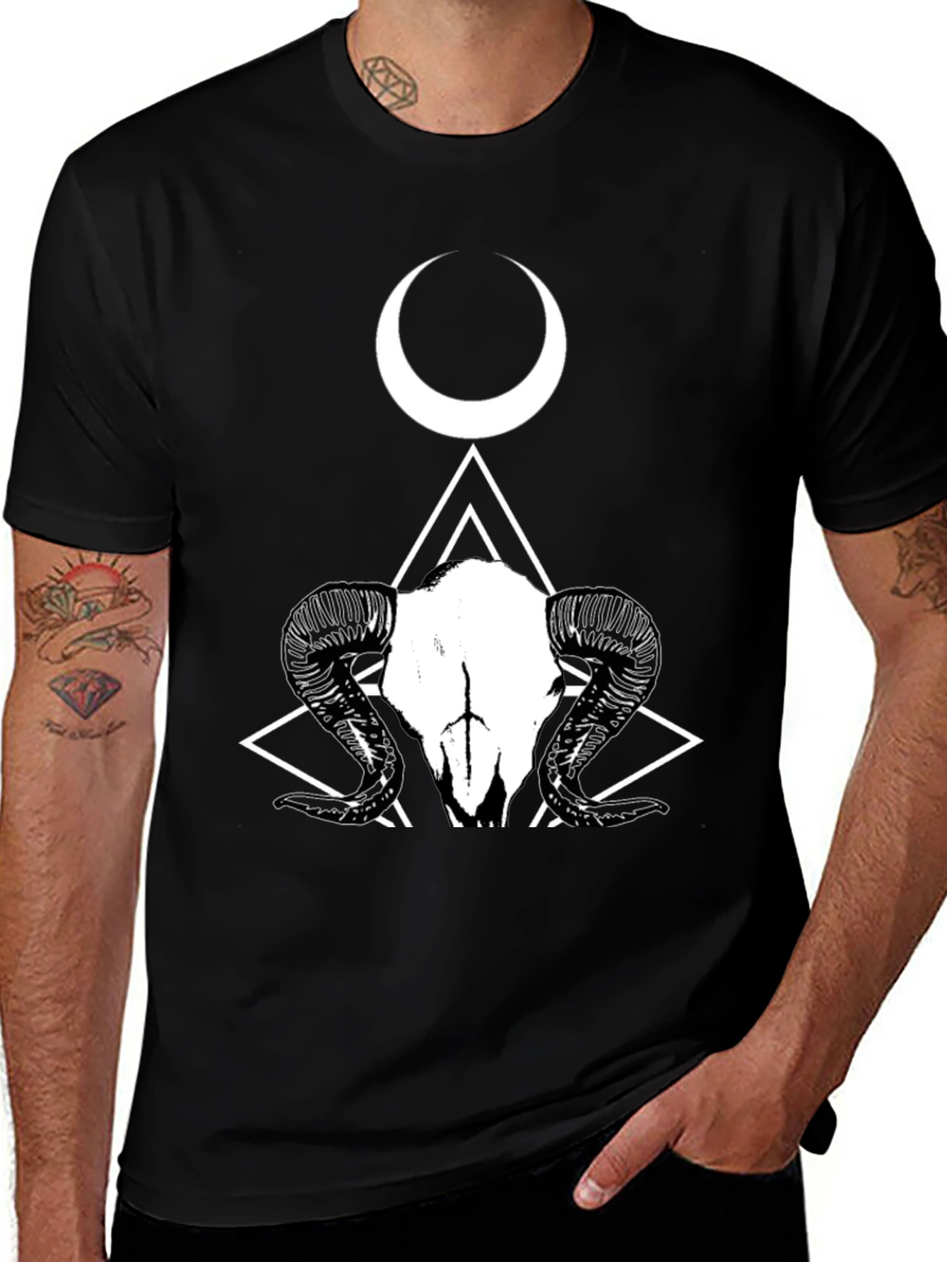 Variant 2 of Ram Skull Crescent Moon Graphic Tee - Black