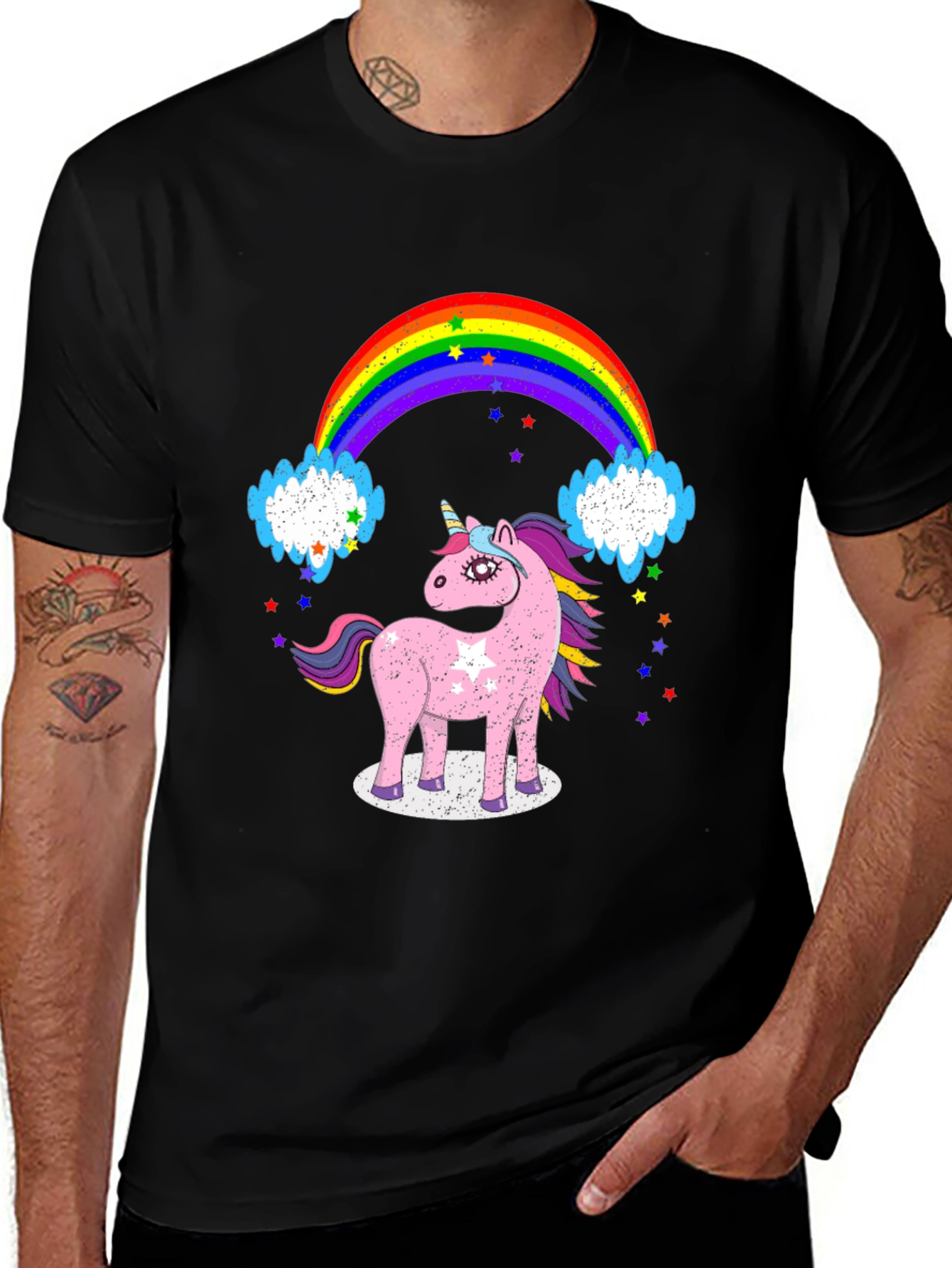 Black Unicorn & Rainbow Graphic Tee - Black Cotton T-Shirt main image