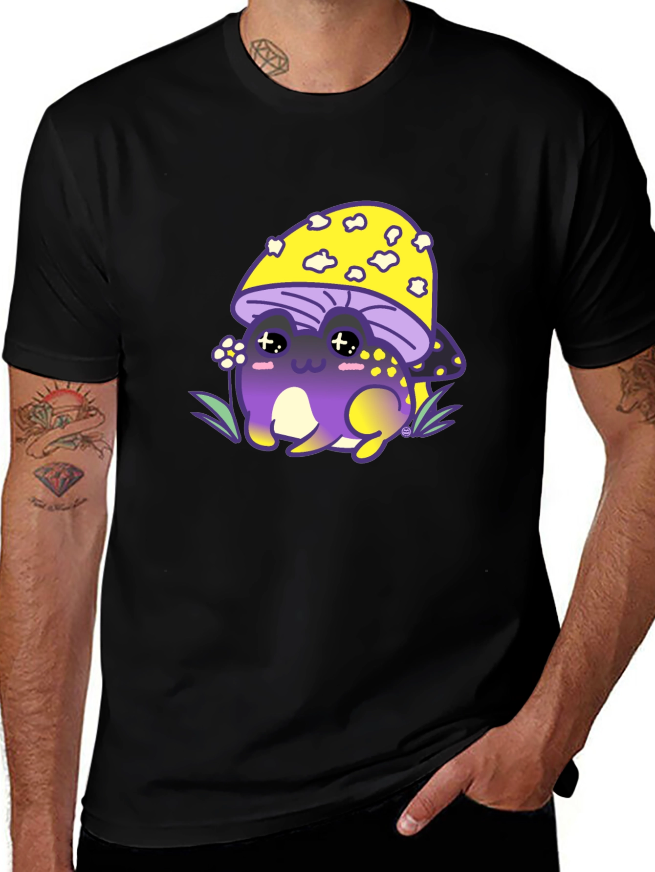 Variant 22 of Mushroom Frog Graphic Tee - Black Cotton Blend