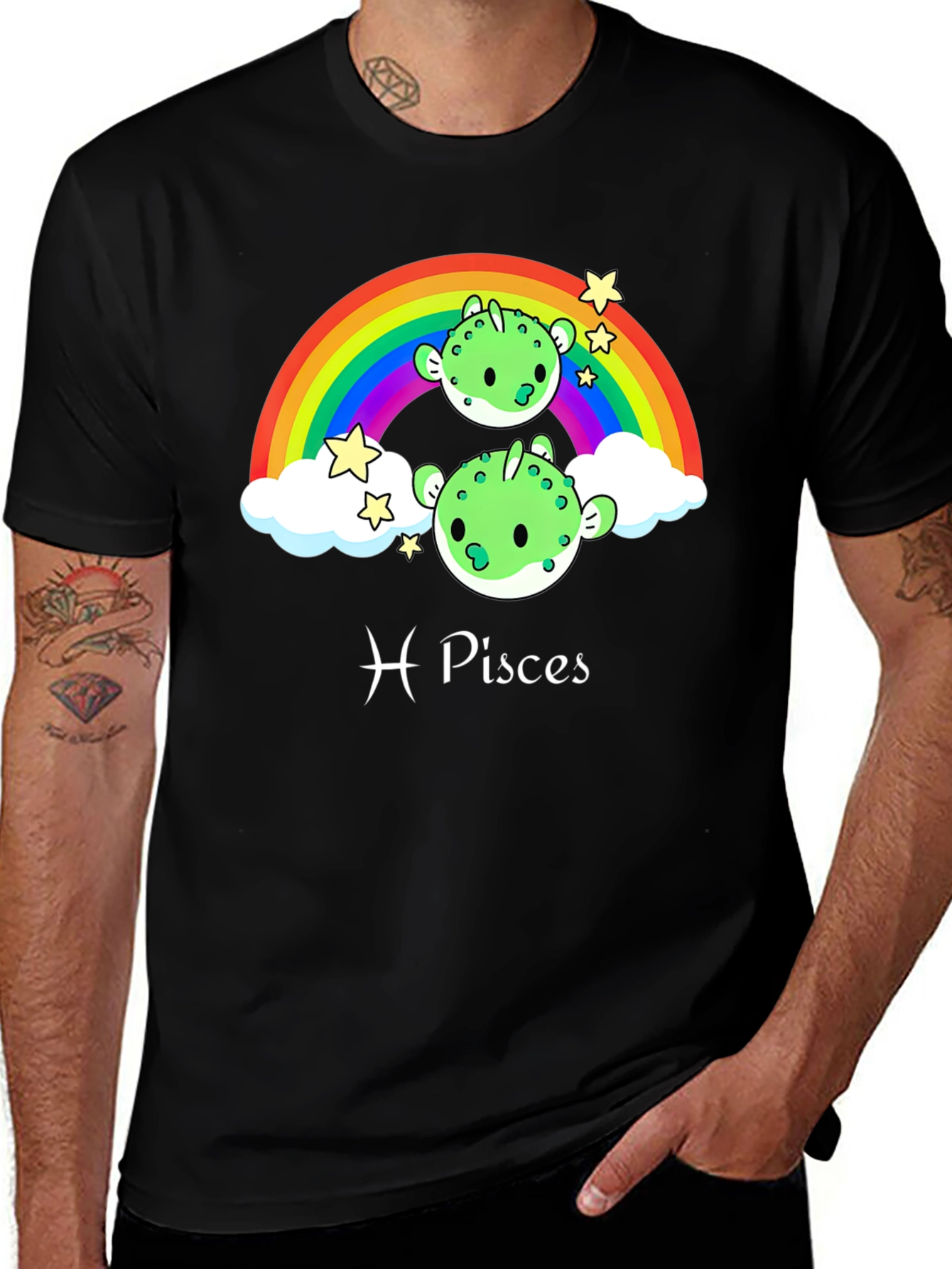 Pisces Zodiac T-Shirt - Cute Rainbow Pufferfish Design