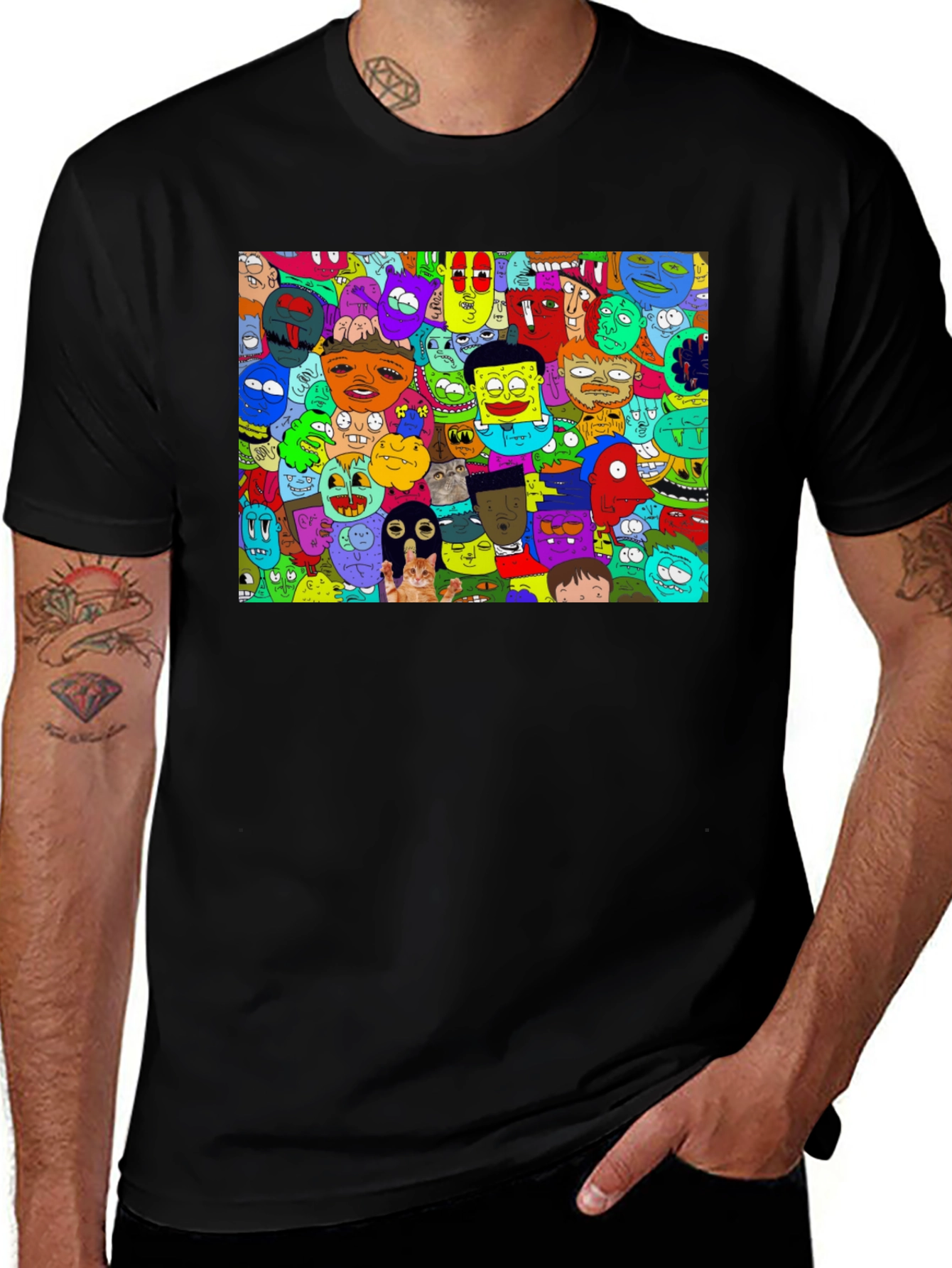 Variant 2 of Cartoon Faces Graphic Print Black T-Shirt