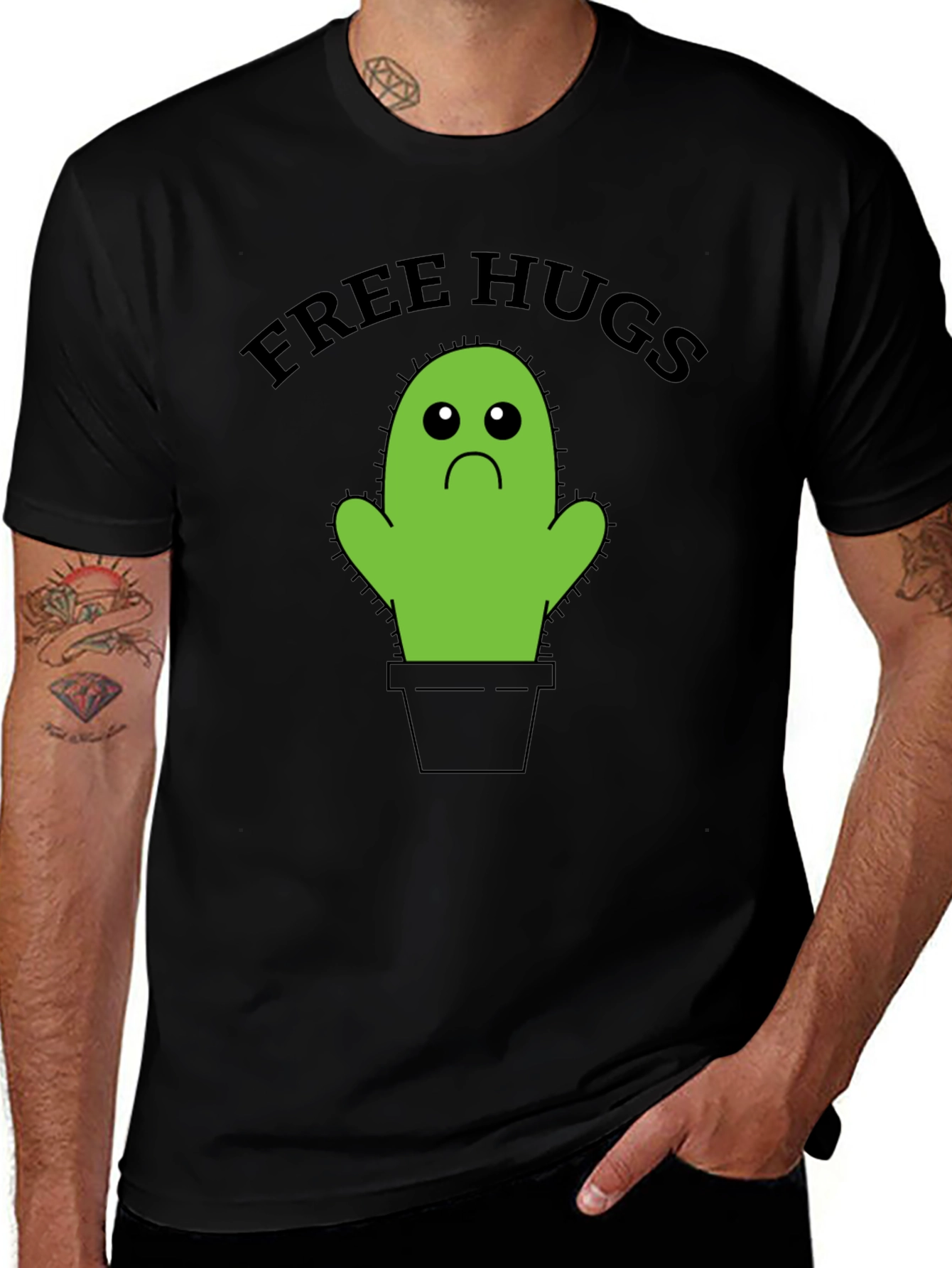 Sad Cactus Free Hugs Black T-Shirt