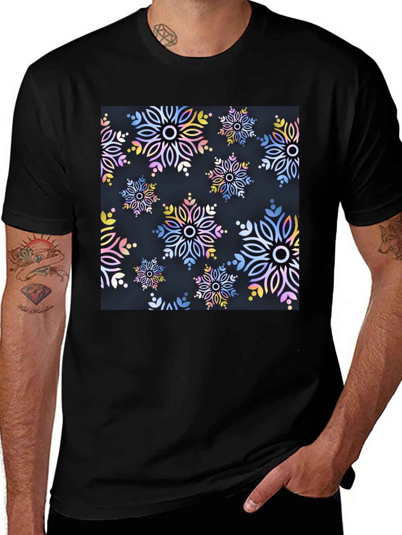 Variant 19 of Festive Snowflake Pattern Black T-Shirt