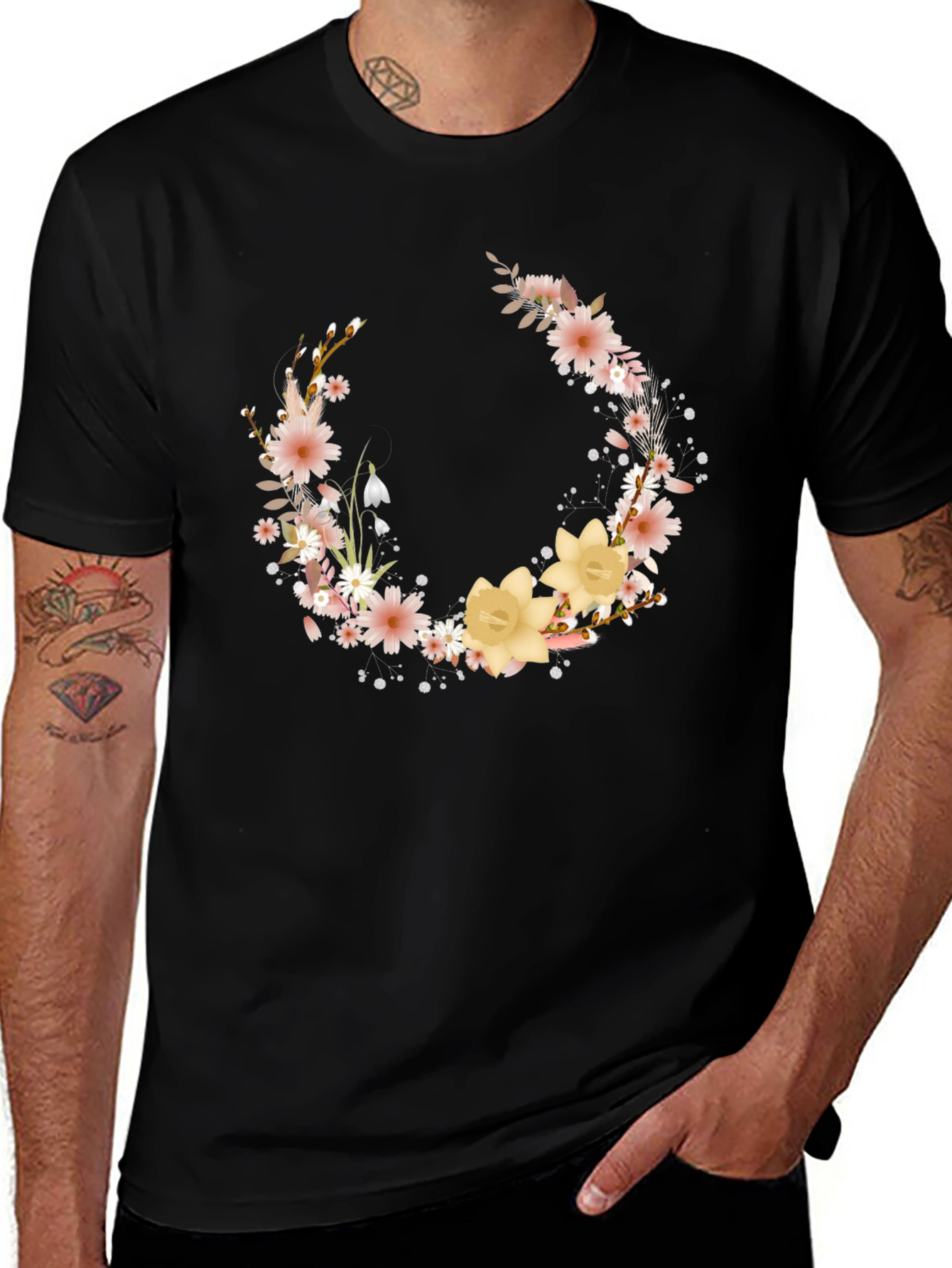 Variant 23 of Floral Wreath T-Shirt - Stylish Black Tee