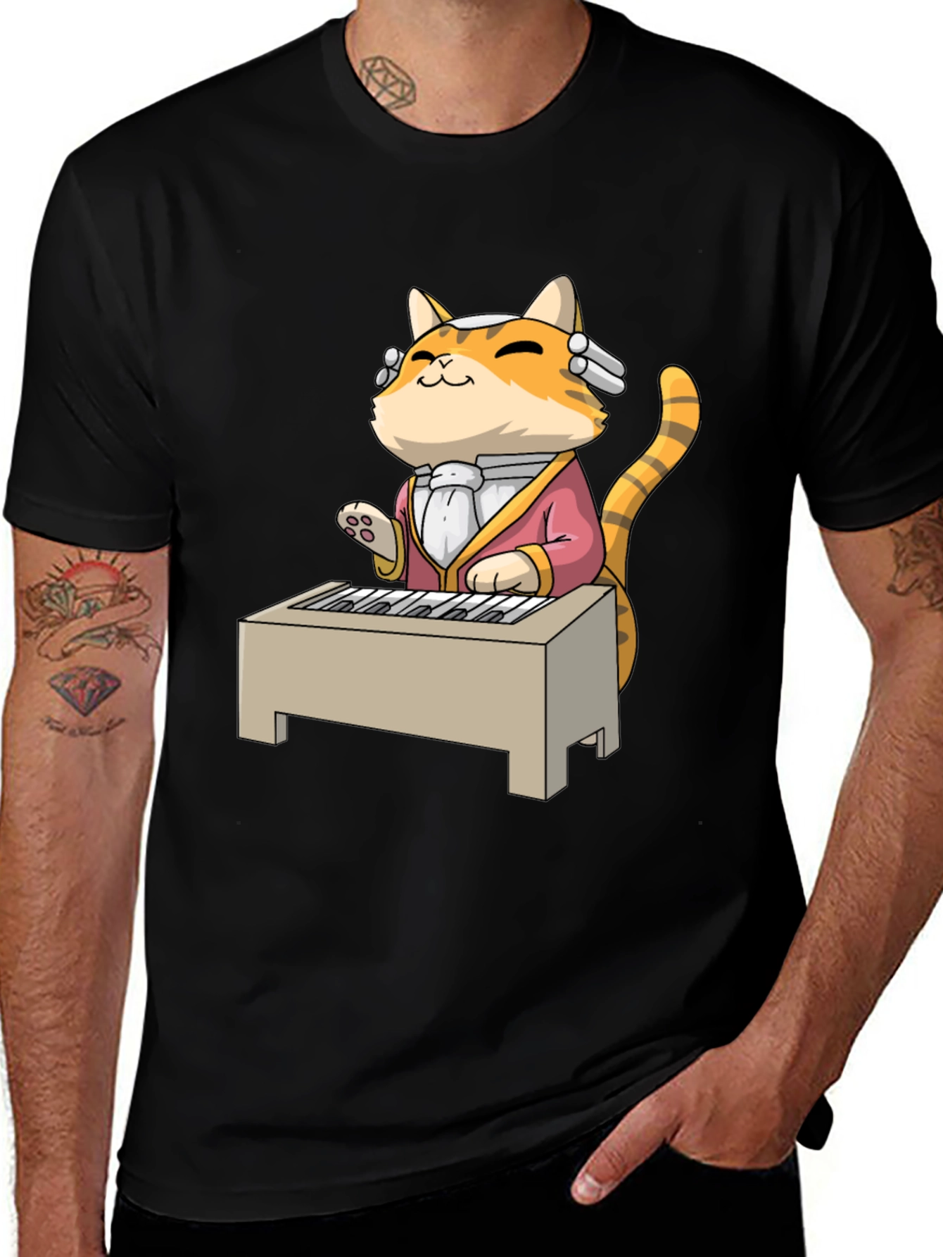 Variant 13 of Funny Cat Mozart Playing Piano Black T-Shirt