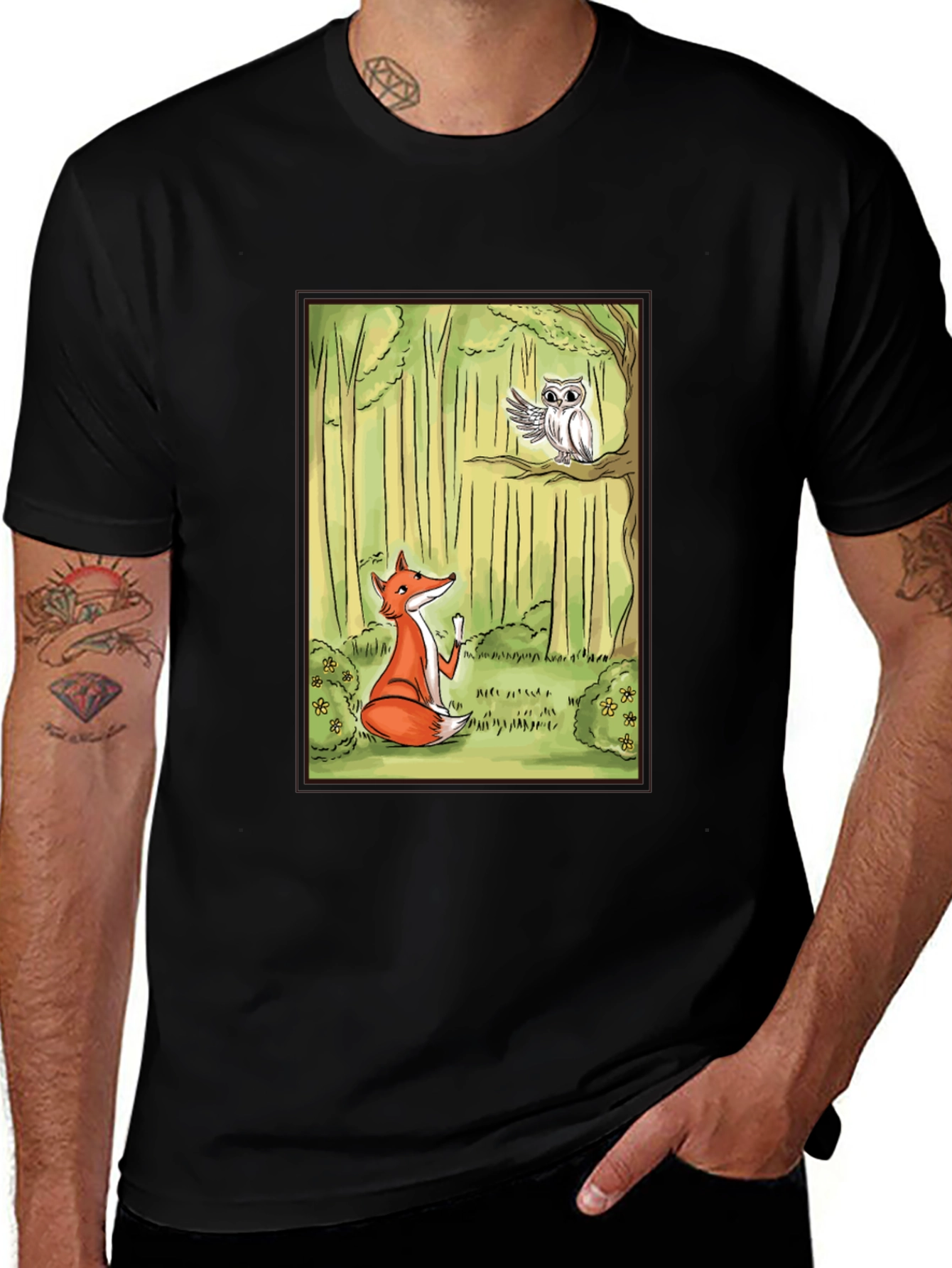 Variant 16 of Fox and Owl T-Shirt - Forest Cartoon Design